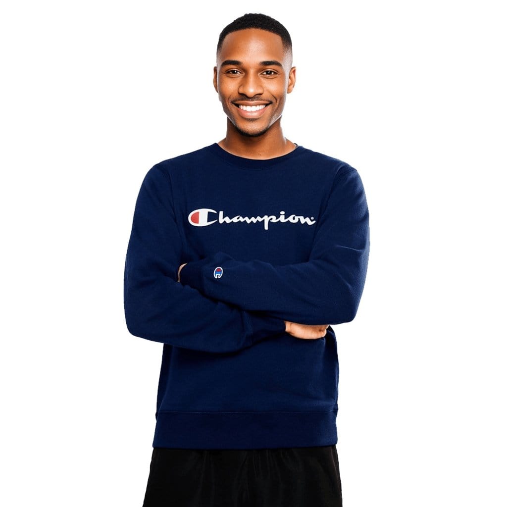 Champion Men's Script Navy Crewneck Sweatshirt - Comfortable Casual Pullover for Gym, Workout & Everyday Wear