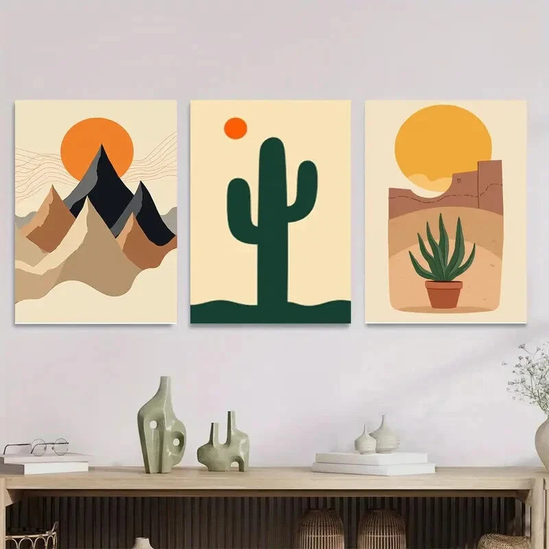 3-Piece Abstract Cactus & Mountains Wall Art - Pine Wood & Metal Framed Ready-to-Hang Decor for Living Room, Bedroom & Office