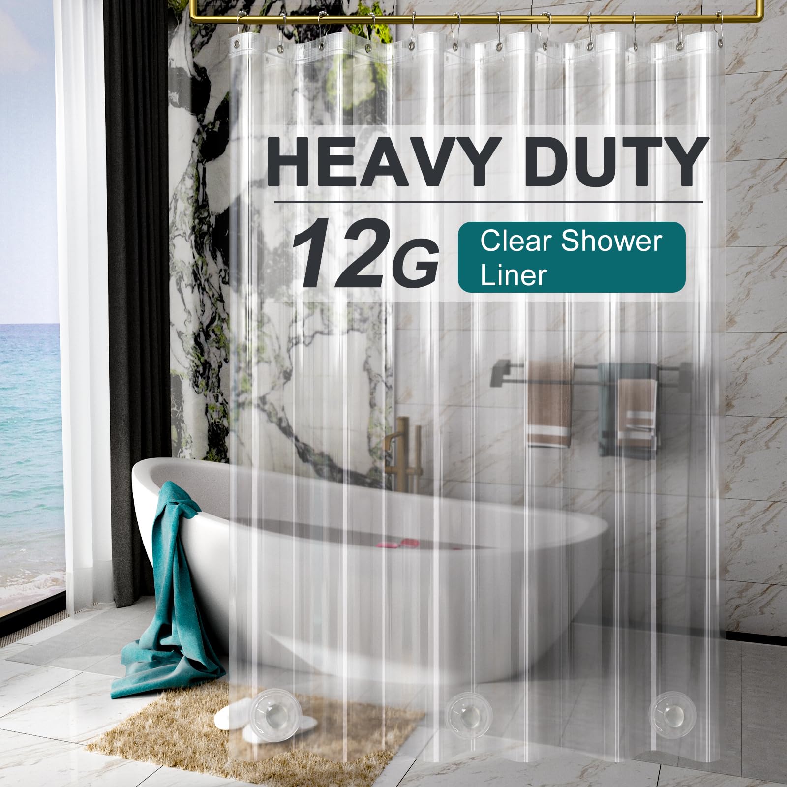 AmazerBath Heavy Duty 12-Gauge Clear Shower Curtain Liner - 72x96 Inches Waterproof Plastic Bathroom Liner with 12 Rustproof Grommets & 3 Weighted Stones - Perfect for Bathrooms, Hotels, and Dorm Showers