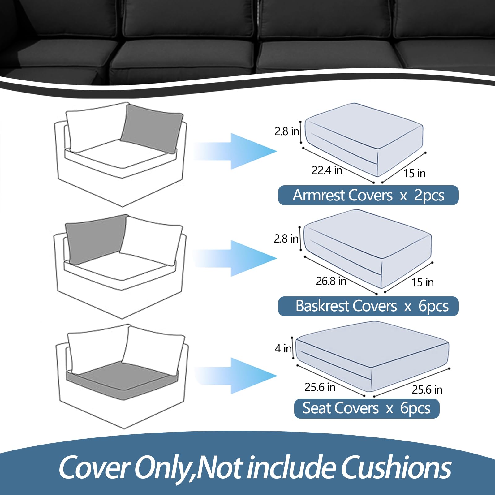 Waterproof Outdoor Patio Cushion Covers Set of 14 - Heavy Duty Replacement Covers for Patio Furniture with Zipper Closure, Fade Resistant Dark Gray - Perfect for Deck, Poolside, and Garden Furniture Protection