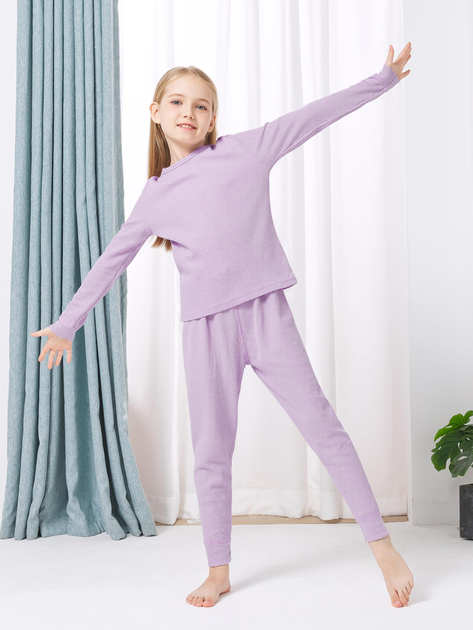 VZV Girls Kids Thermal Underwear Set - Cotton Waffle Long Johns Base Layer for Cold Weather | Warm Winter Pajamas & Layering Outfits for Outdoor Activities