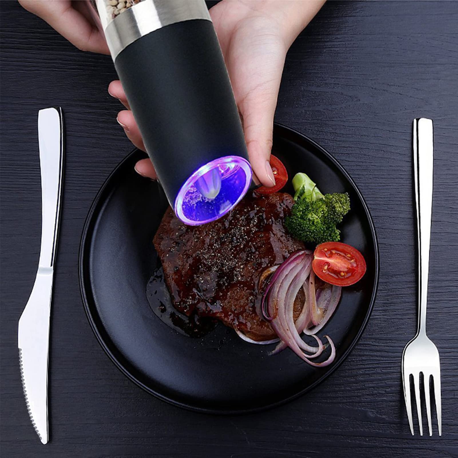 DLD Battery Operated Electric Pepper and Salt Grinder Set - Adjustable Coarseness, One-Handed Operation with Utility Brush, Stainless Steel Design [White Light] - Perfect for Kitchen, Dining Table, Camping & Gifts