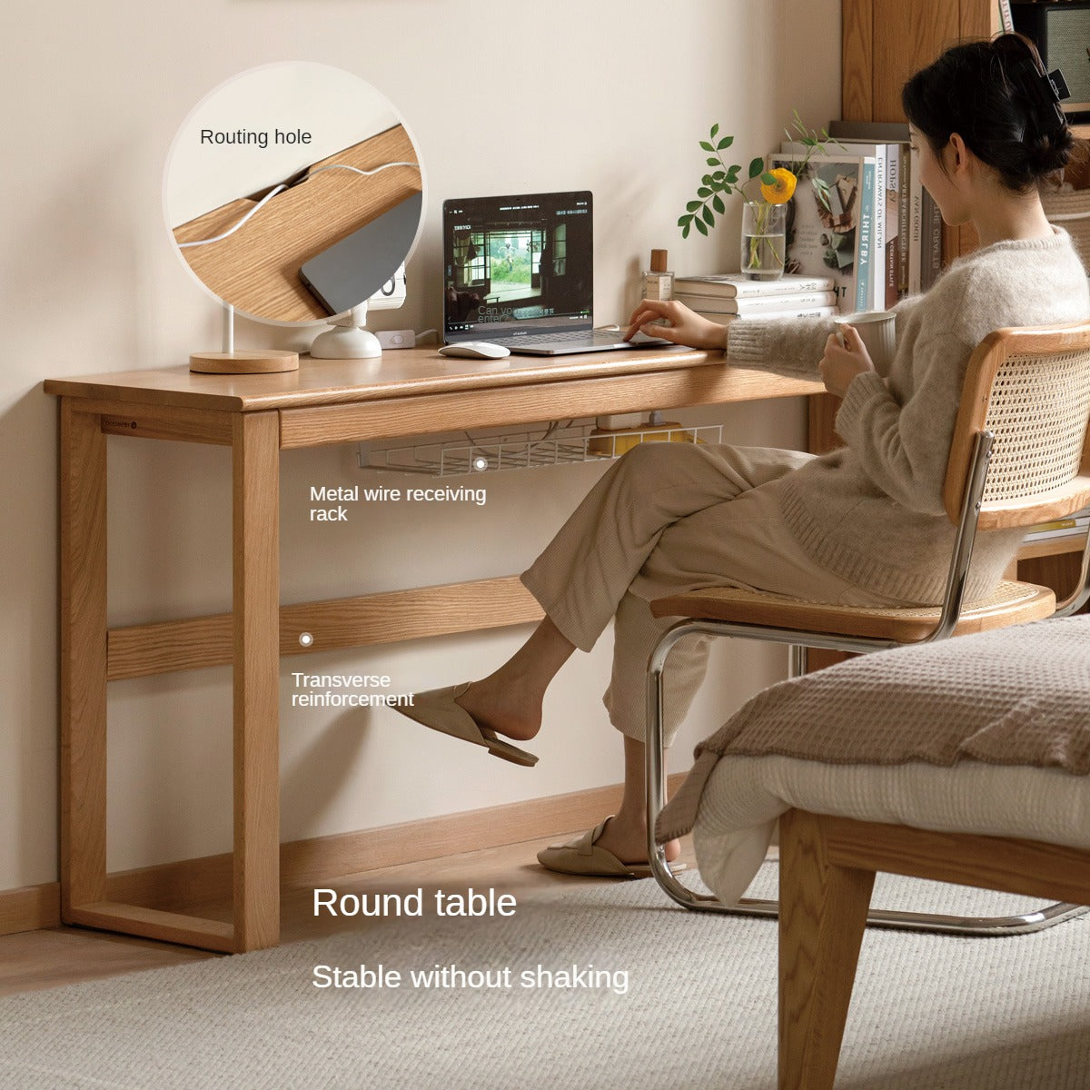 Solid Oak and Poplar Wood Long Narrow Desk - Modern Minimalist Home Office Writing Table for Small Spaces | Perfect for Study, Work, and Laptop Use