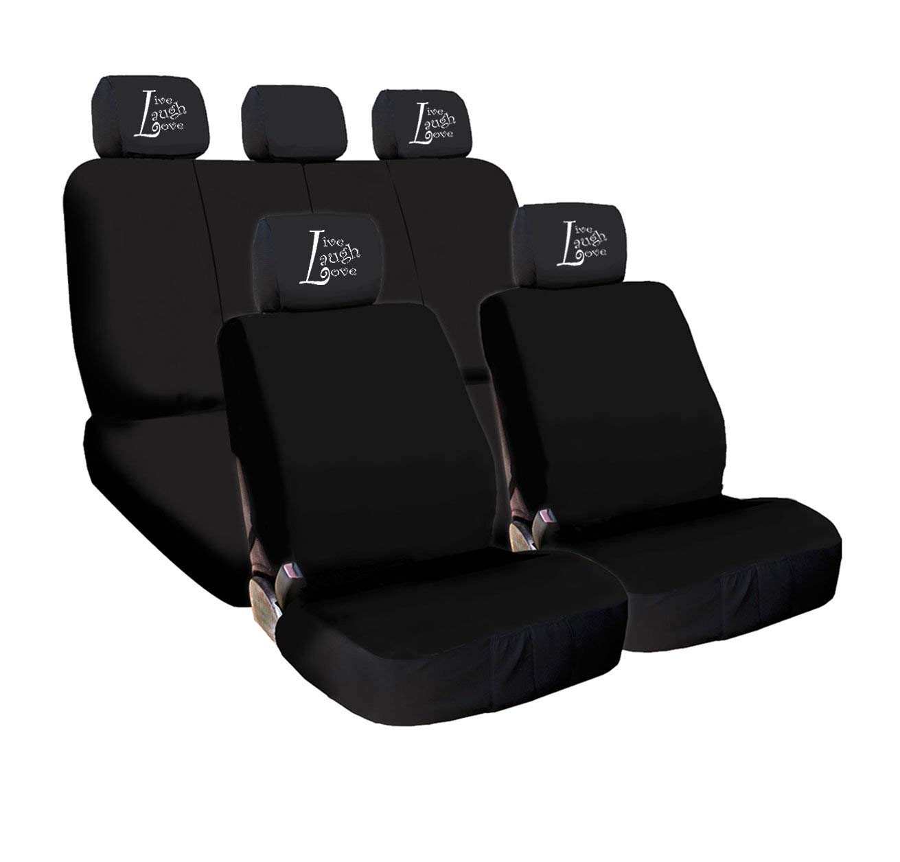 Universal Size Flat Black Cloth Car Seat Covers Set (4-Piece) with Live Laugh Love Embroidery - Airbag Compatible for 40/60 Split Seats - Easy Installation - Perfect for Daily Commute, Road Trips & Car Interior Protection