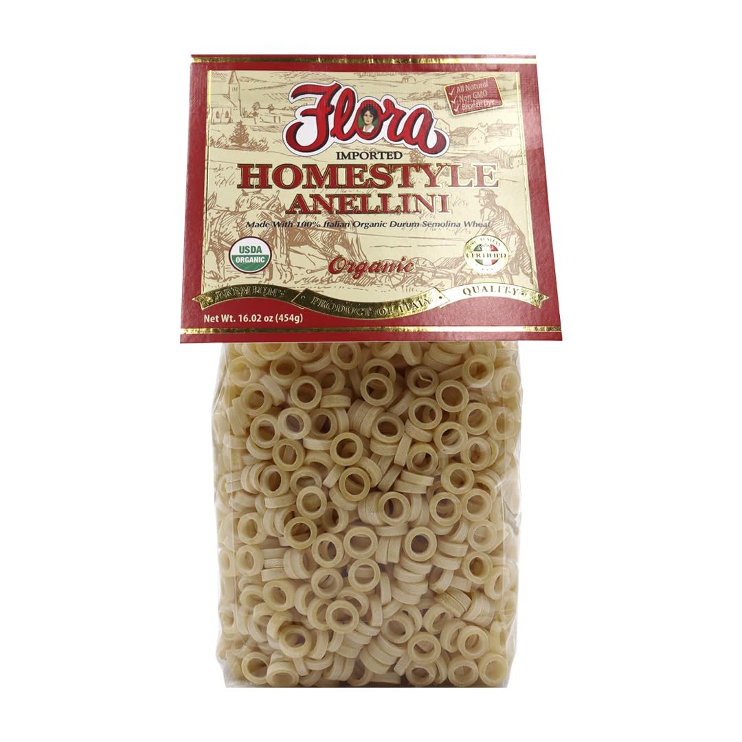 Organic Anellini Pasta by Flora Fine Foods - Traditional Italian Homestyle Pasta for Soups, Salads & Family Dinners