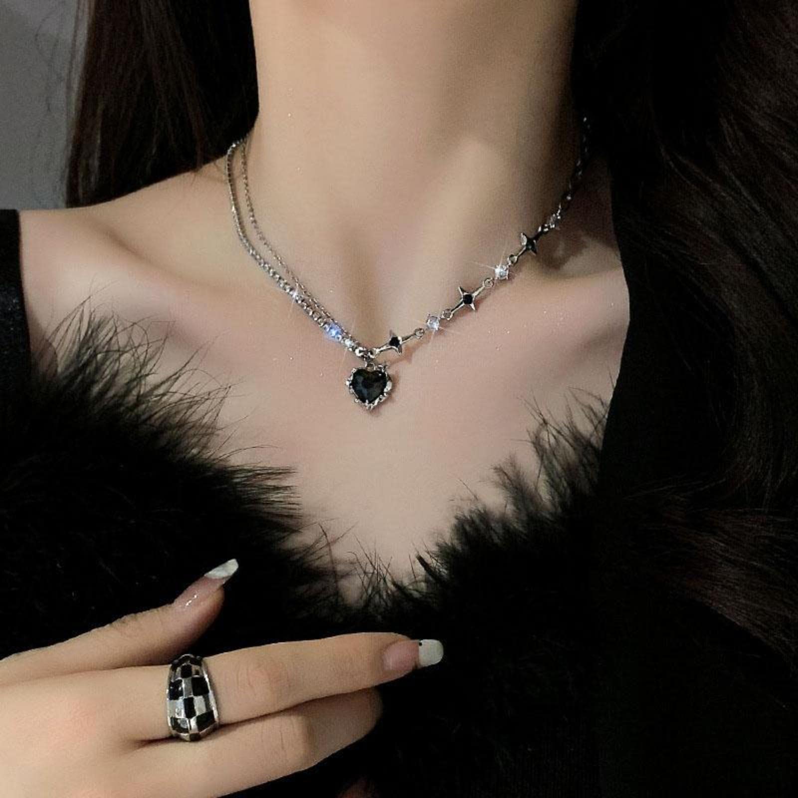 Y2K Heart Diamond Necklace for Women - Crystal Silver Pendant Aesthetic Asymmetric Jewelry - Perfect for Valentine's Day, Anniversary Gifts & Everyday Fashion