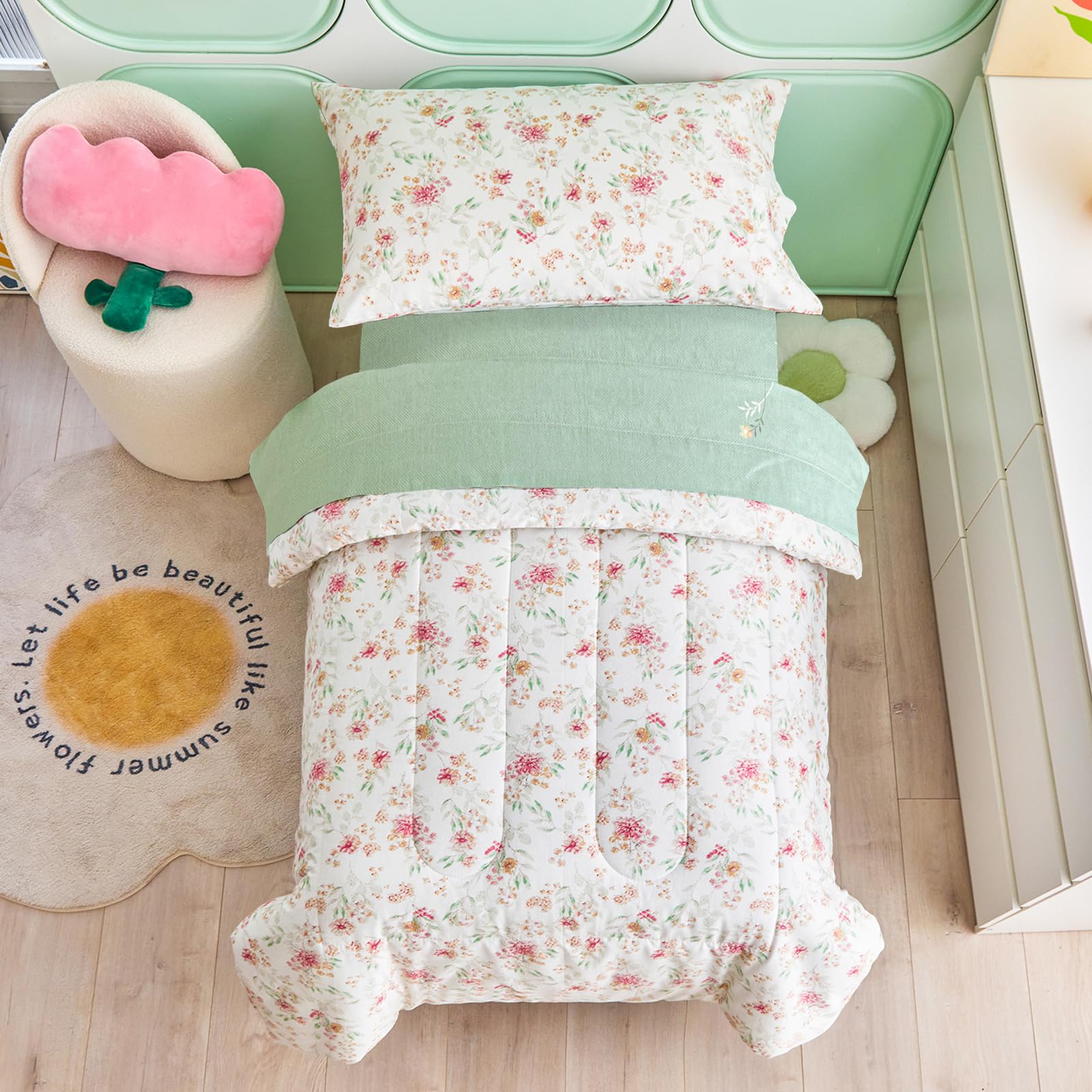Joyreap 4-Piece Cotton Toddler Bedding Set for Girls - Pink Floral Design on White, Soft Breathable Nursery Comforter Set with Quilt, Fitted Sheet, Flat Sheet & Pillowcase | Perfect for Cribs, Toddler Beds & Nursery Decor