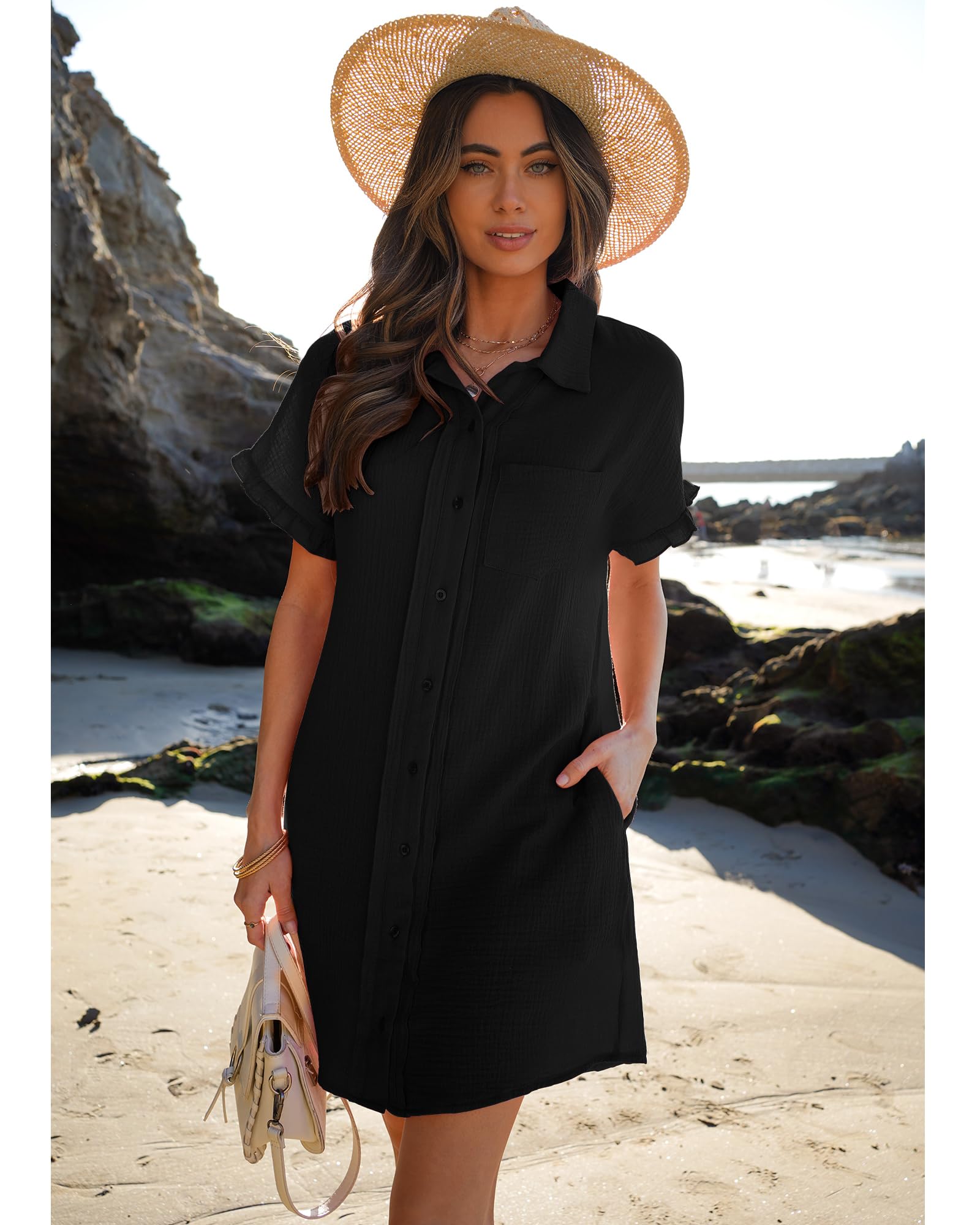 Luvamia Women's Cotton Beach Cover Up Dress - Casual Button Down Shirt Dress with Ruffle Sleeves & Pockets | Summer Swimwear, Vacation Outfit, Poolside Lounge Wear