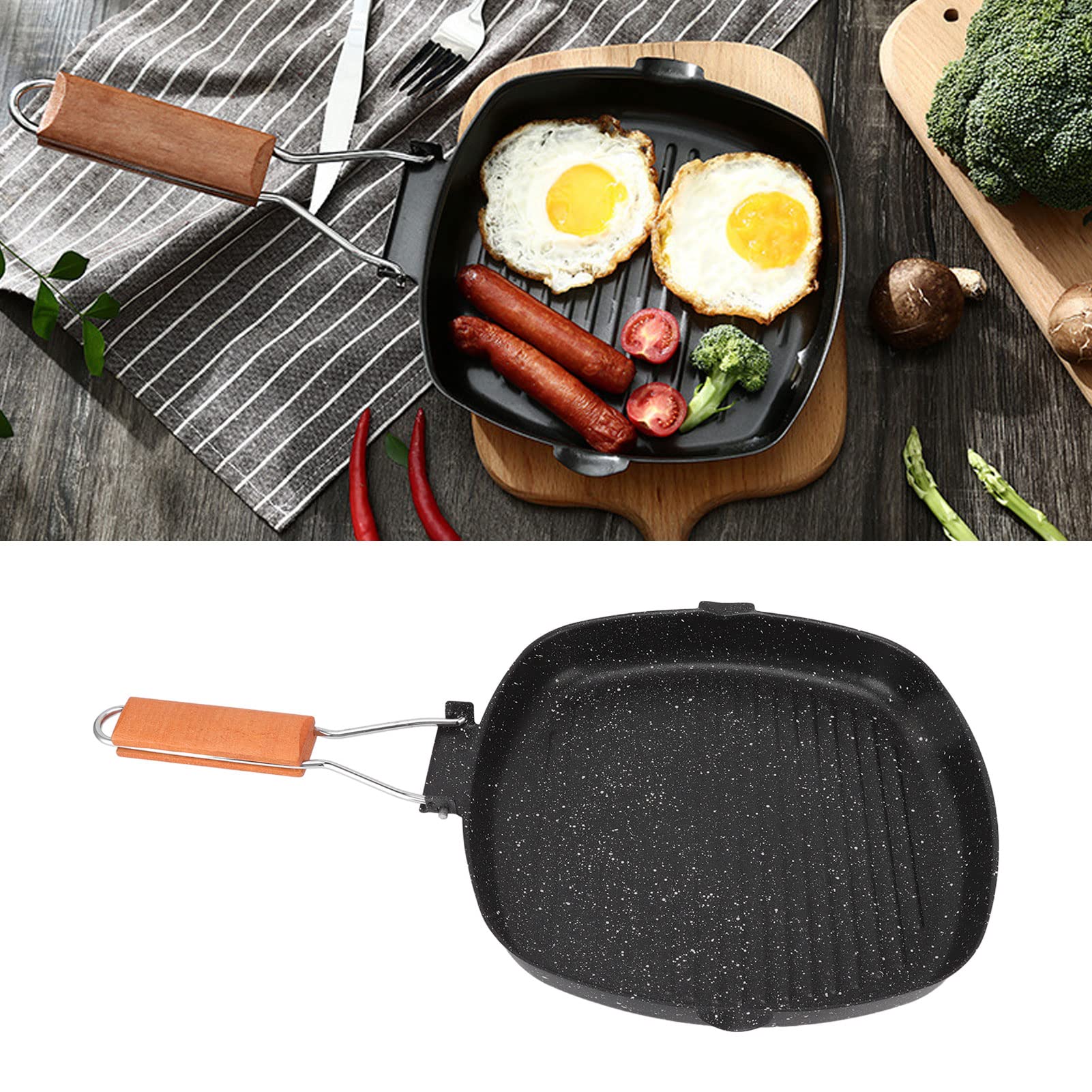 Premium Cast Iron Grill Pan - Large 28x20cm Nonstick Steak Griddle with Folding Beech Handle - Perfect for BBQ, Camping & Home Cooking - Heavy Duty Striped Grill Pan for Steaks, Burgers & Vegetables