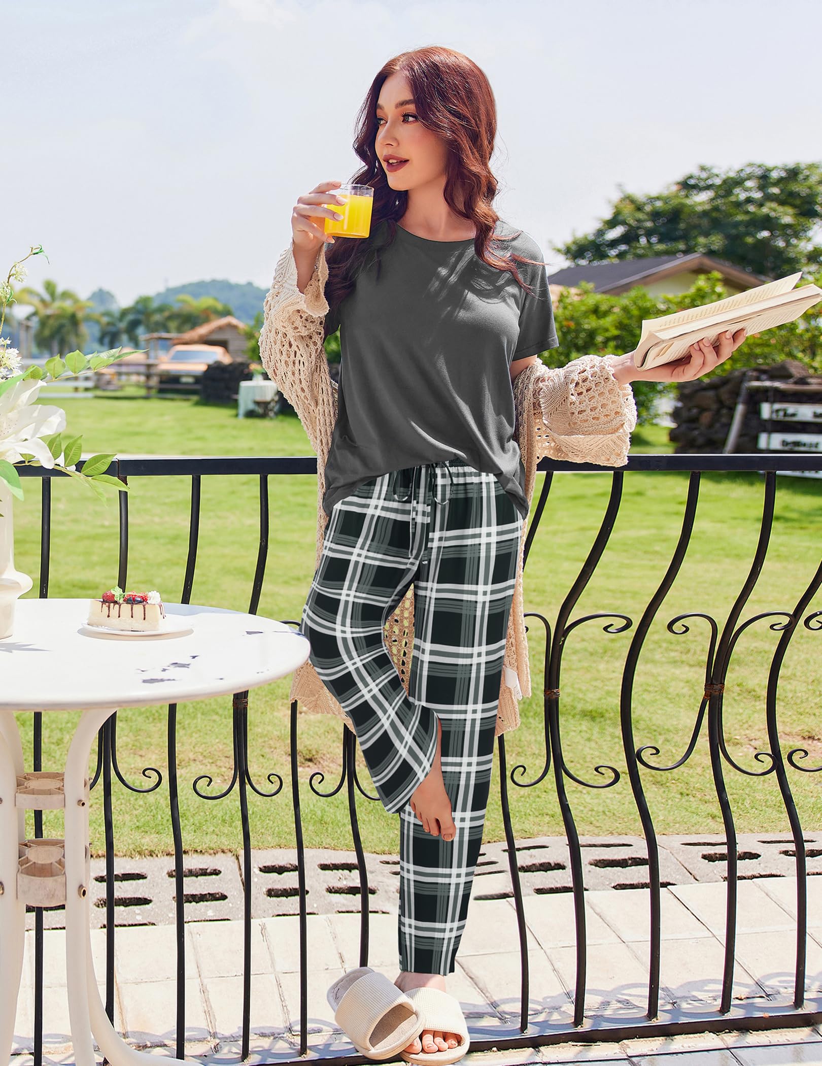 Ekouaer Women's 2-Pack Pajama Sets - Soft Short Sleeve Sleepwear Top & Pants Lounge Outfit with Pockets | Comfortable 4-Piece PJs for Sleeping, Lounging & Home Wear