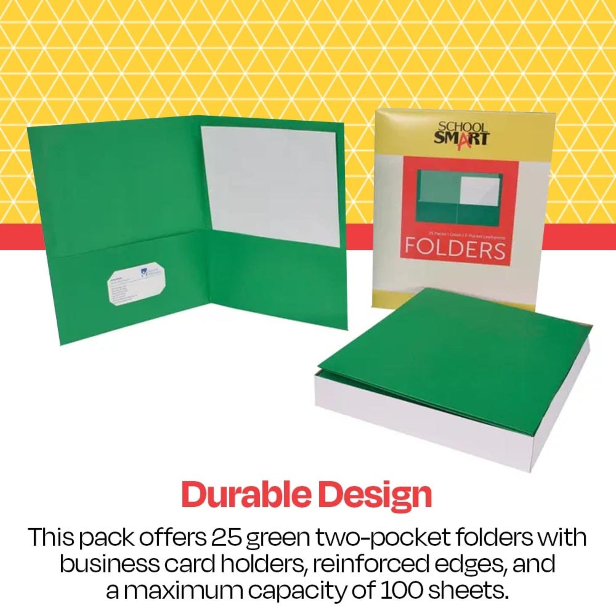 School Smart 2-Pocket Folders Without Brads - Green (Pack of 25) - Perfect for Classroom Organization, Homework Assignments & Student Binders