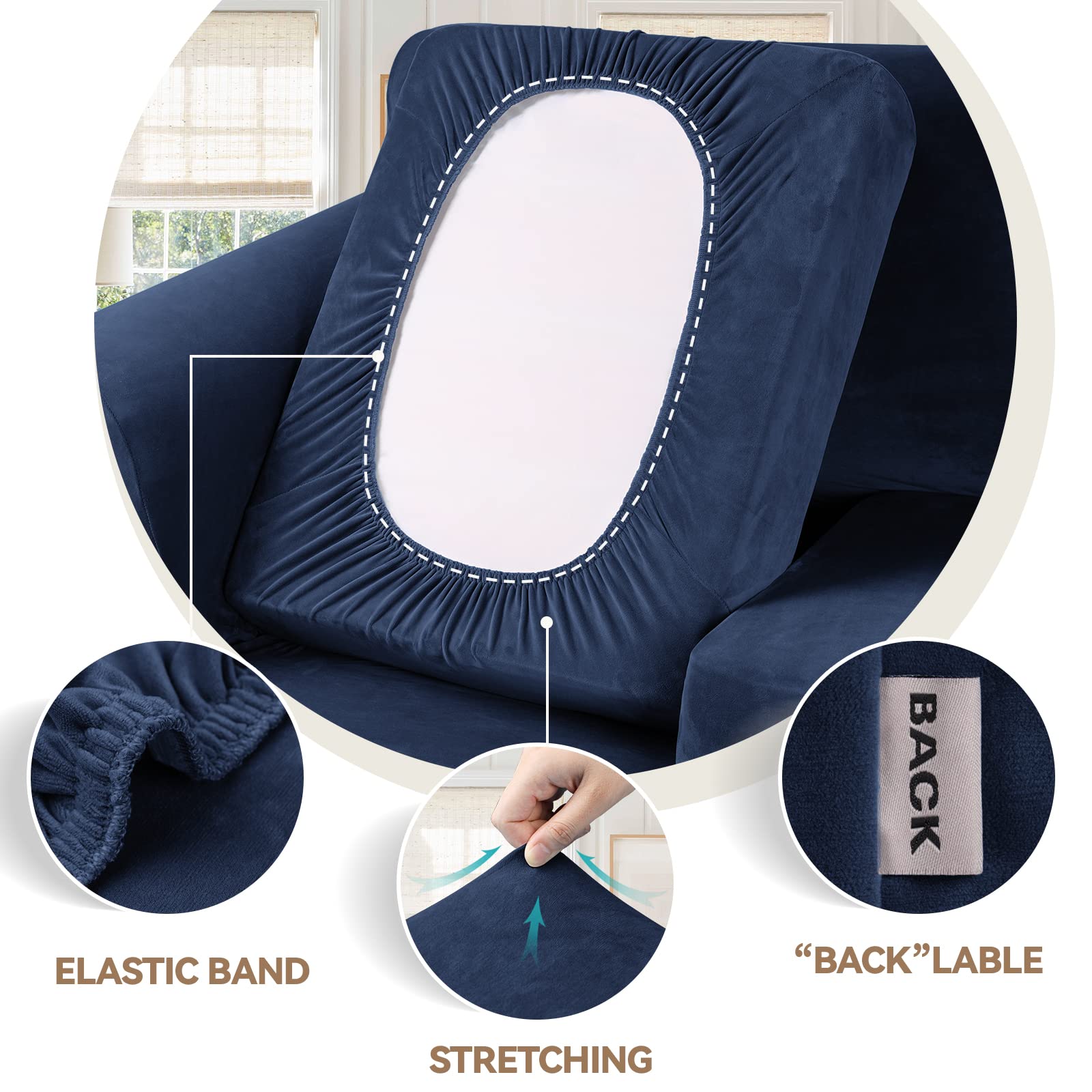 4-Piece Navy Blue Velvet Stretch Sofa Slipcover Set - Soft Plush Washable Couch Cover with Non-Slip Elastic Bottom for 3-Cushion Couches - Perfect for Living Room Furniture Protection & Home Decor Upgrade