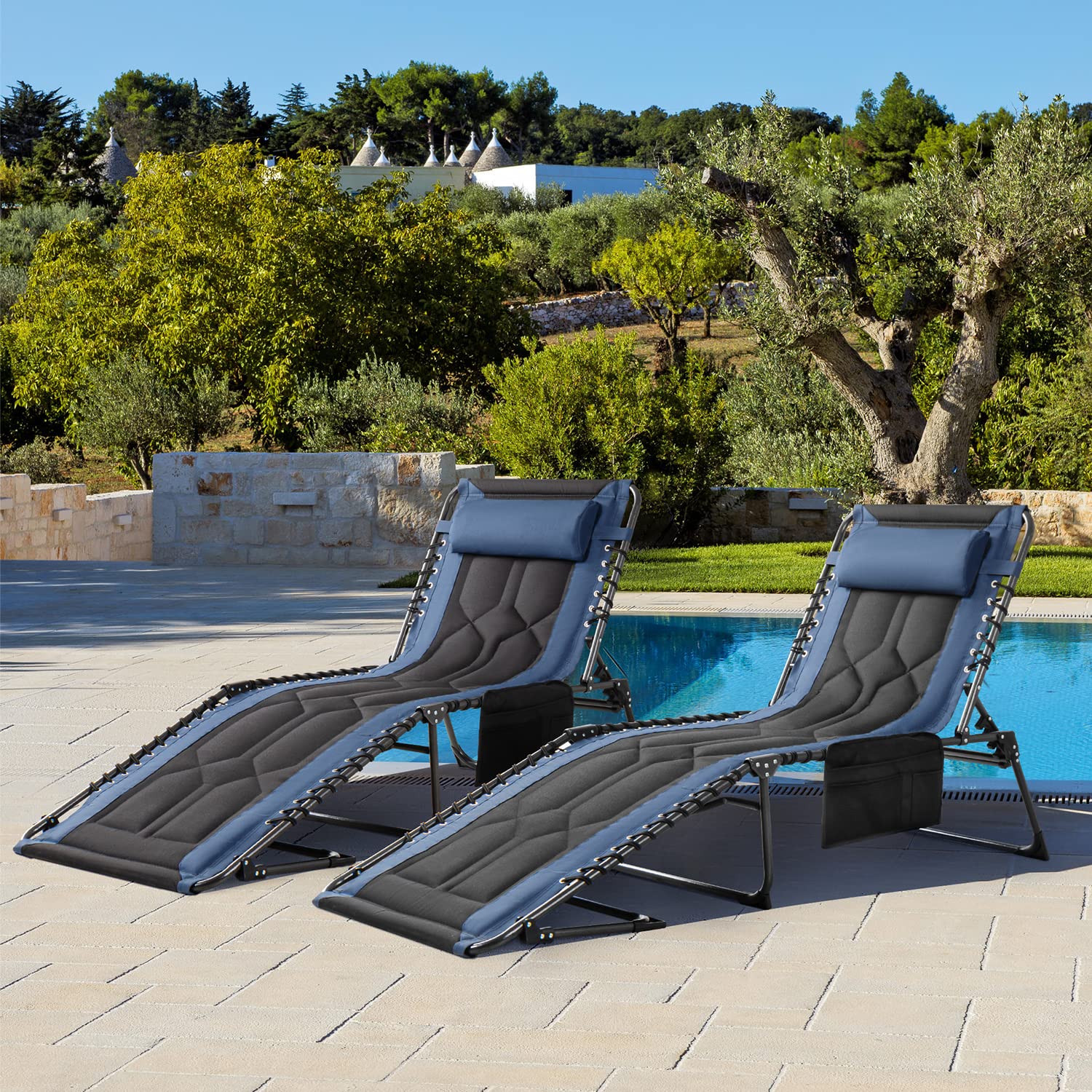 Flamaker 4-Position Adjustable Folding Chaise Lounge Chair - Portable Outdoor Recliner with Pillow & Side Pocket - Lightweight Camping, Beach, Pool Sunbathing Chair for Patio, Backyard, Deck (Blue) - Perfect for Relaxing, Travel & Outdoor Adventures