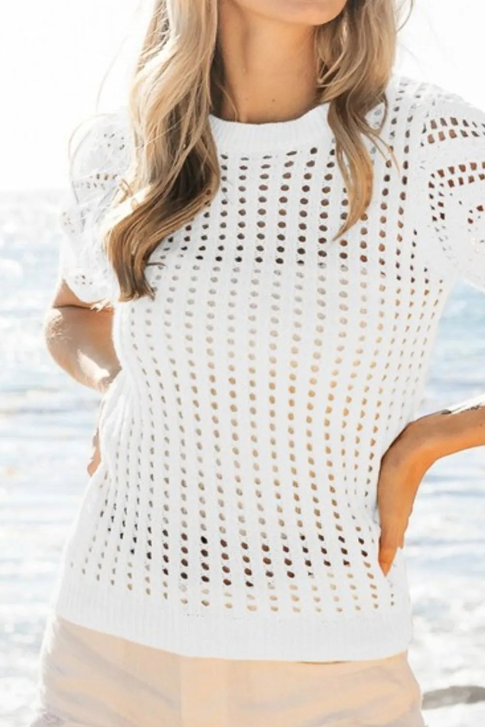 BiBi Crochet Knit Cover Up With Puff Sleeves - Boho Chic Beach Dress for Summer Vacation & Poolside Coverup