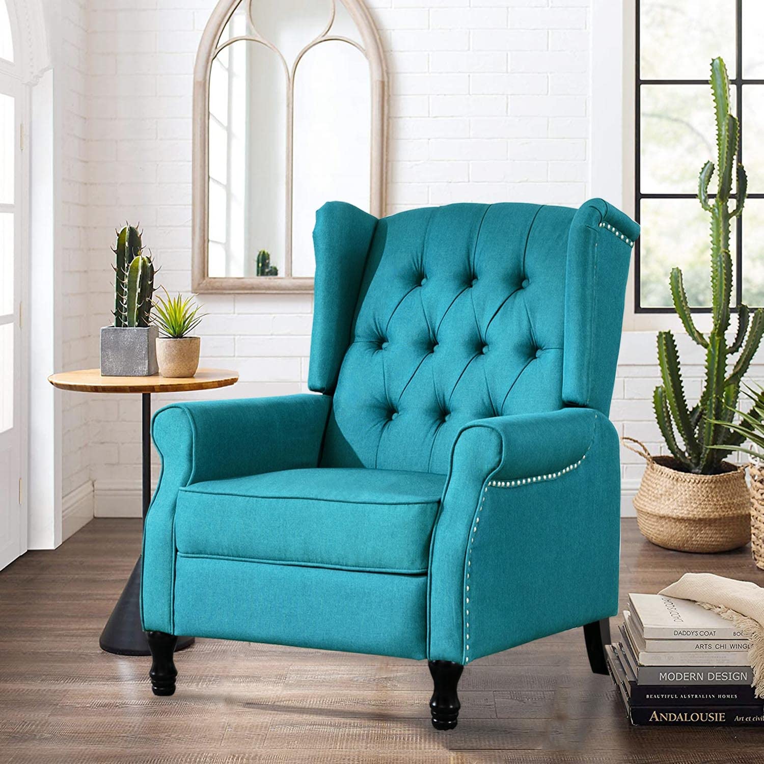 Altrobene Pushback Recliner Chair - Modern Fabric Wingback Accent Armchair with Smooth Reclining Mechanism for Living Room, Bedroom & Home Office - Comfortable Blue Upholstered Lounge Chair (Perfect for Relaxing, Reading & TV Watching)