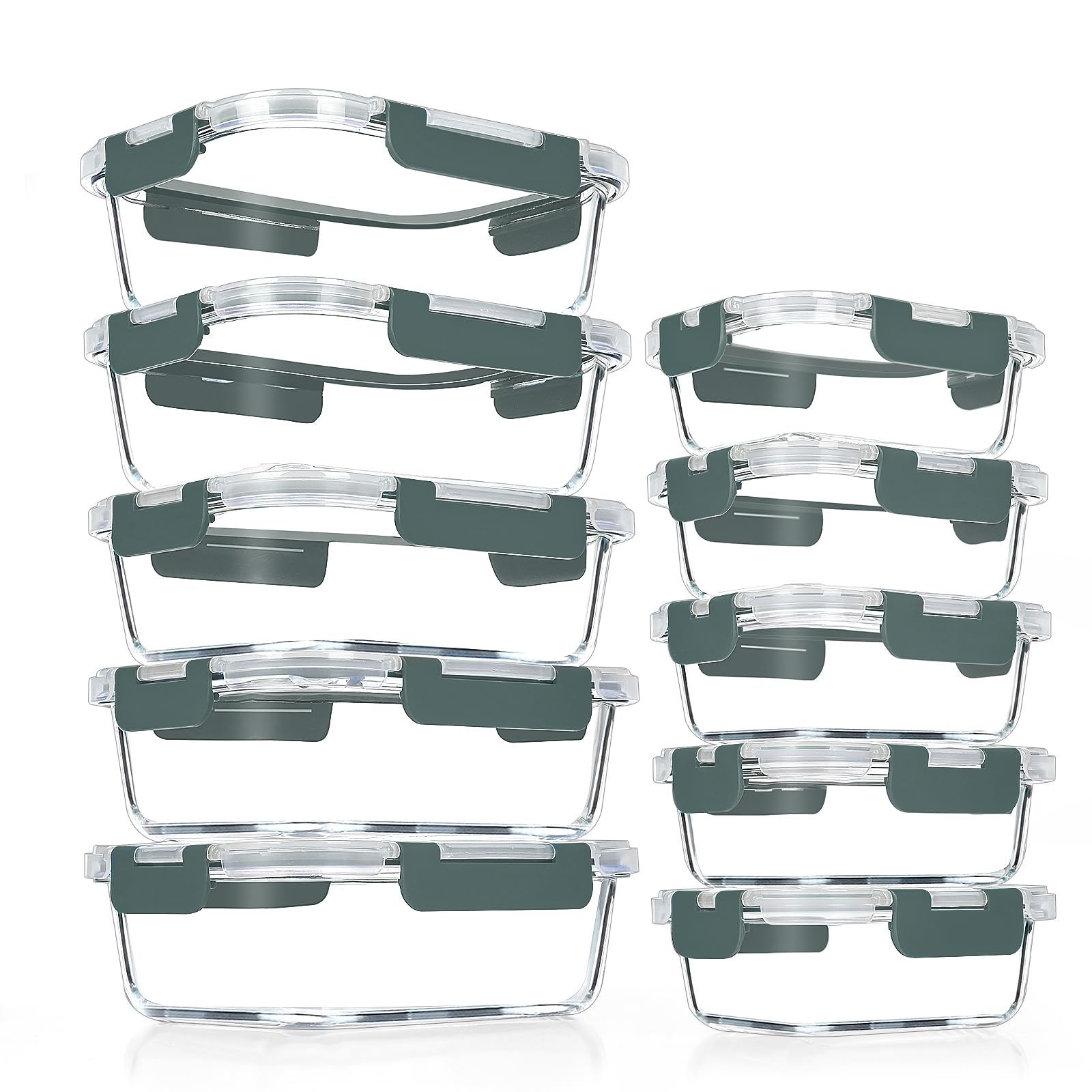 VERONES 10-Pack Airtight Glass Meal Prep Containers Set - BPA-Free Stackable Food Storage Containers with Lids for Microwave, Oven, Freezer & Dishwasher (Grey) - Perfect for Meal Prepping, Leftovers & Office Lunches