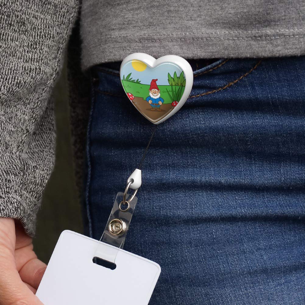 White Garden Gnome with Toadstools Heart Lanyard - Retractable Reel Badge ID Card Holder for Nurses, Teachers & Office Workers | Cute Accessory for Work, Events & Gifts