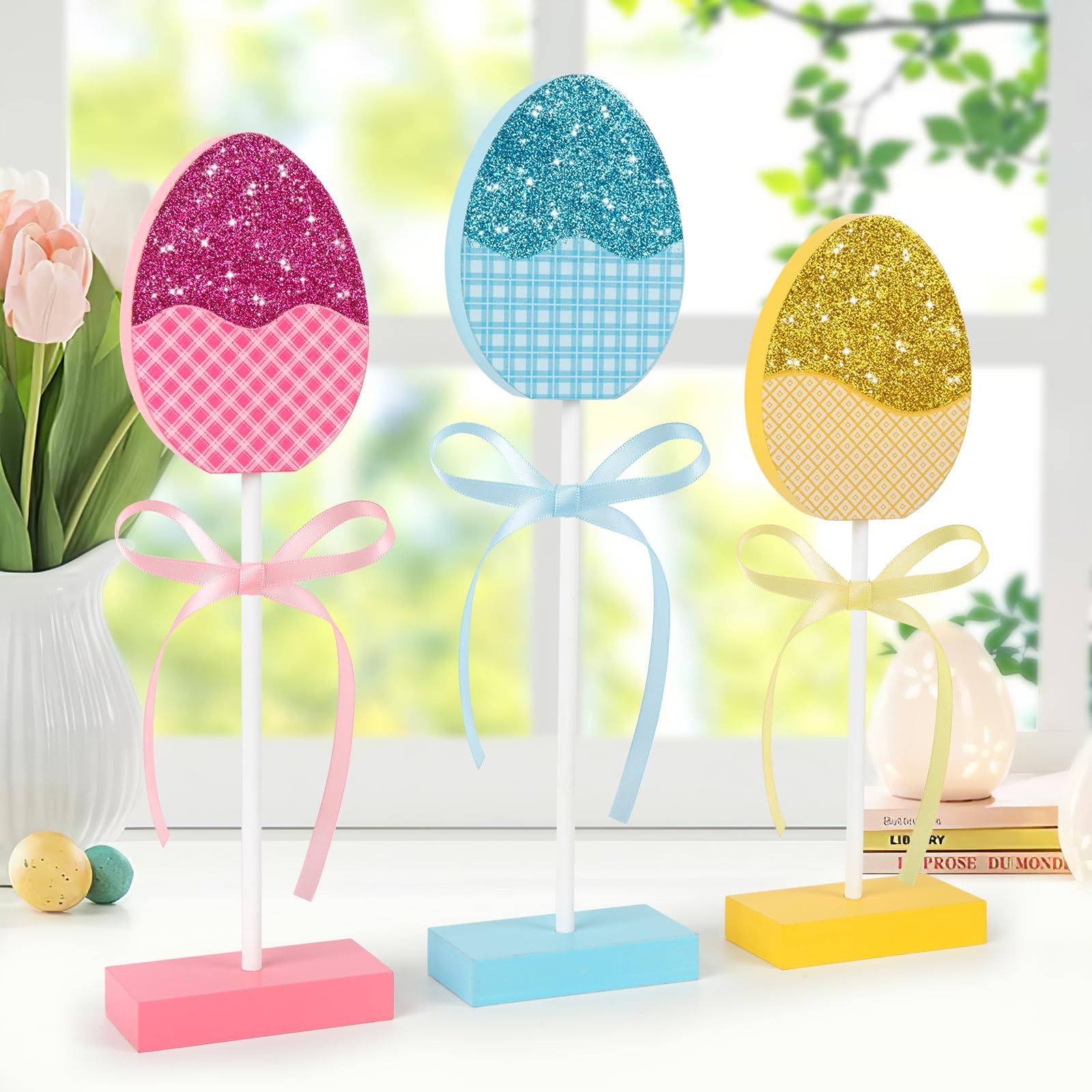 3 Pcs Easter Tiered Tray Decor Set - Wooden Glitter Easter Eggs Decorations - Happy Easter Centerpieces for Table, Home, Kitchen & Office - Perfect for Spring Parties, Holiday Tablescapes & Festive Home Decor