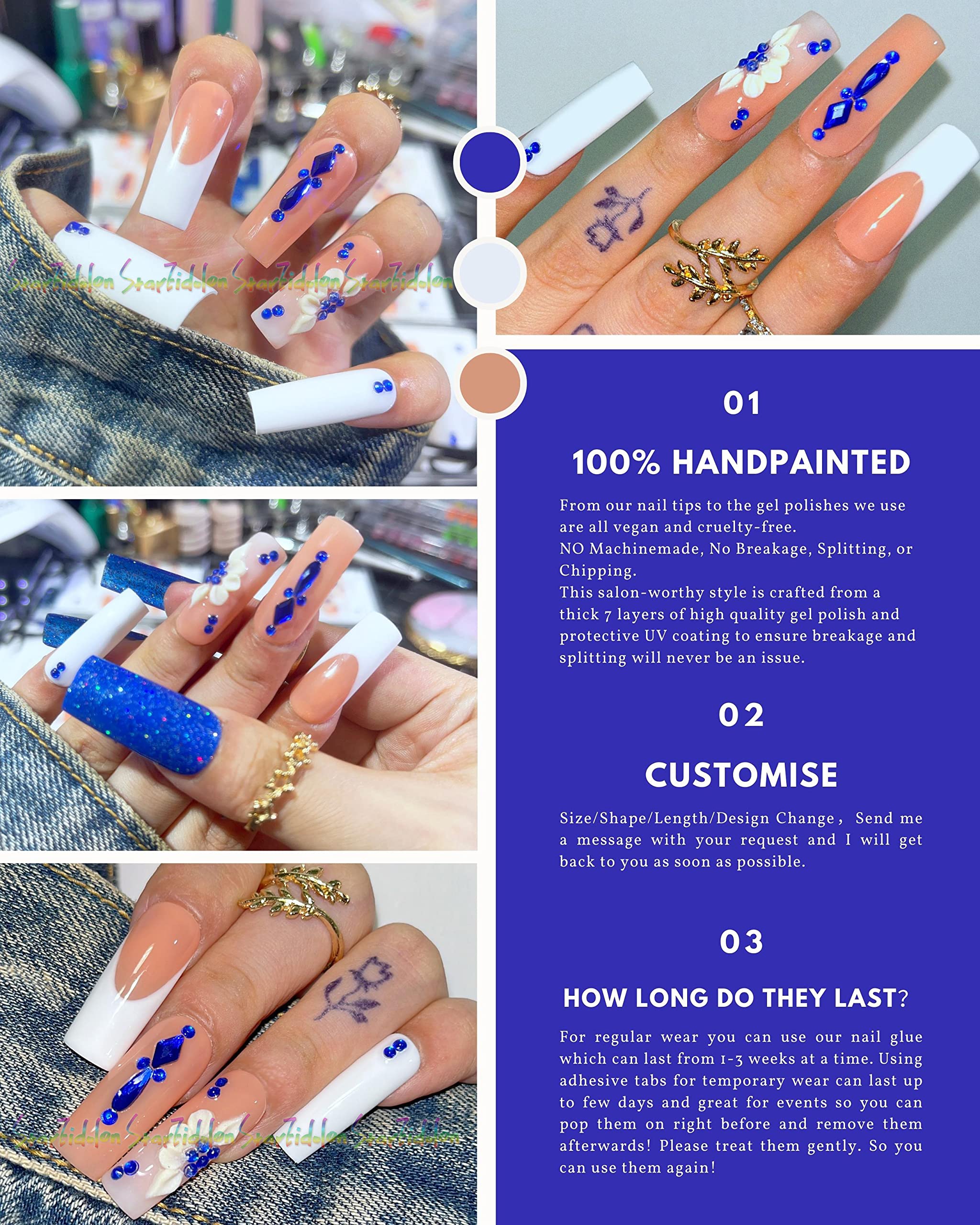 Hand-Painted White Press On Nails with French Blue Tips - Acrylic Powder Coffin Fake Nails Kit (Medium/Short, Style 2) - Includes 7g Nail Glue - Perfect for Parties, Weddings & Special Occasions