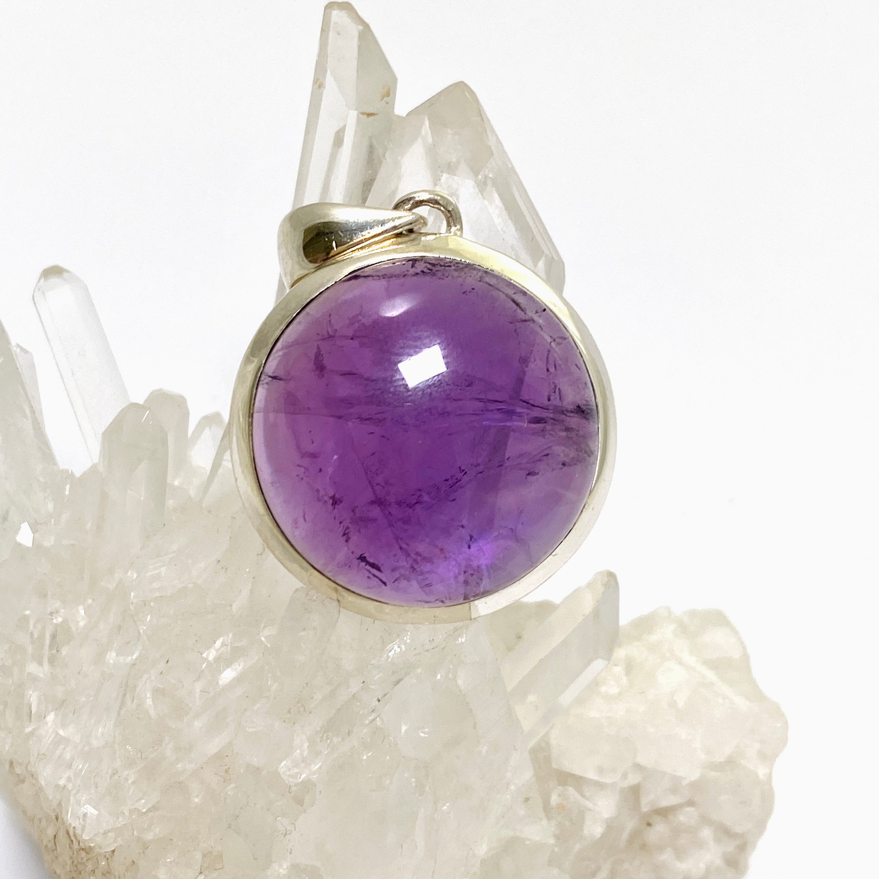 Natural Amethyst Round Cabochon Pendant Necklace - 925 Sterling Silver Jewelry for Women, Healing Crystal Gift for Meditation & Spiritual Protection