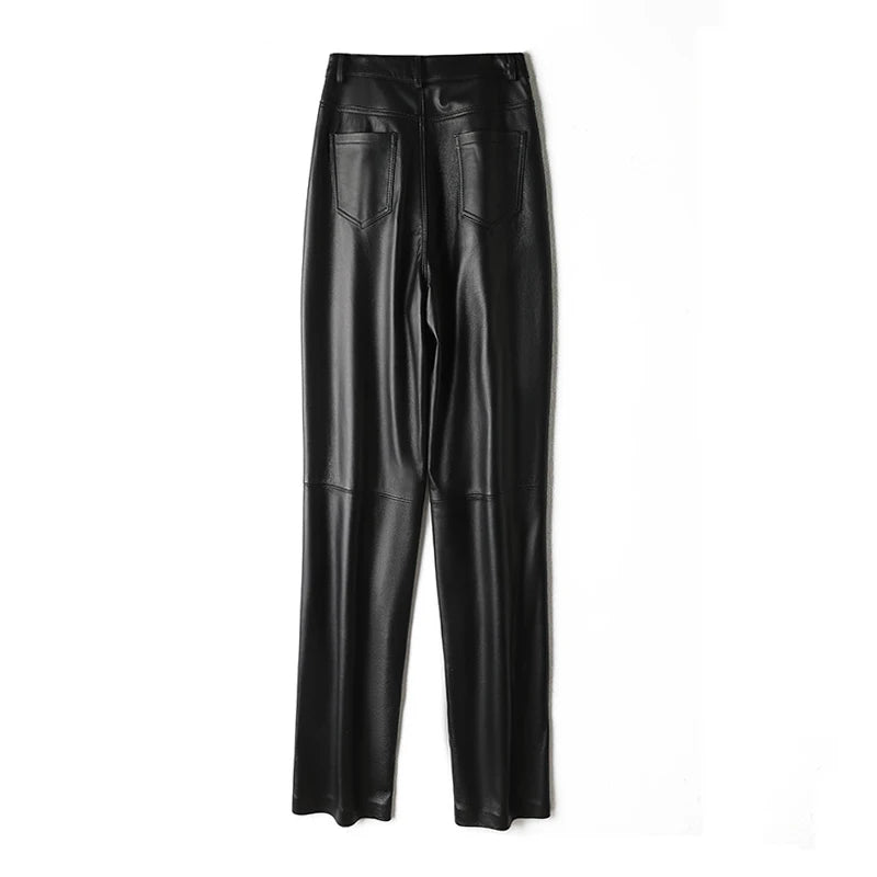 Genuine Leather Straight Leg Pants for Women - High Waist Sheepskin Trousers with Pockets | 2023 Fall Winter Fashion | Chic Casual Slim Fit Pants for Office, Dating & Everyday Wear