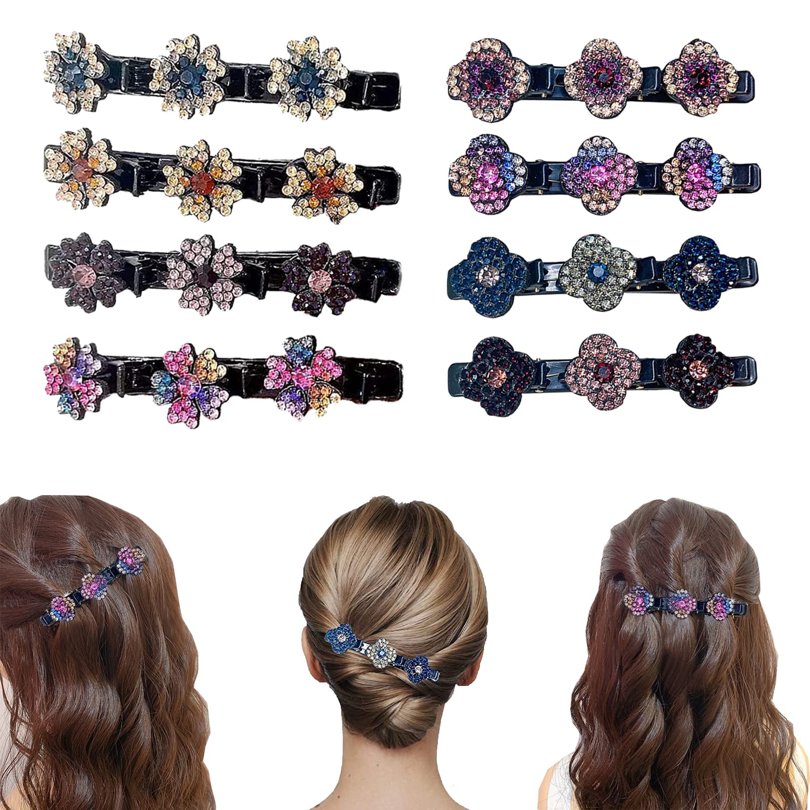 Sparkling Crystal Hair Clips for Women - 8PCS Rhinestone Braided Hair Barrettes, Premium Acrylic Hair Clips Set in Clover & Plum Colors | Perfect for Sectioning, Parties, Weddings & Everyday Styling