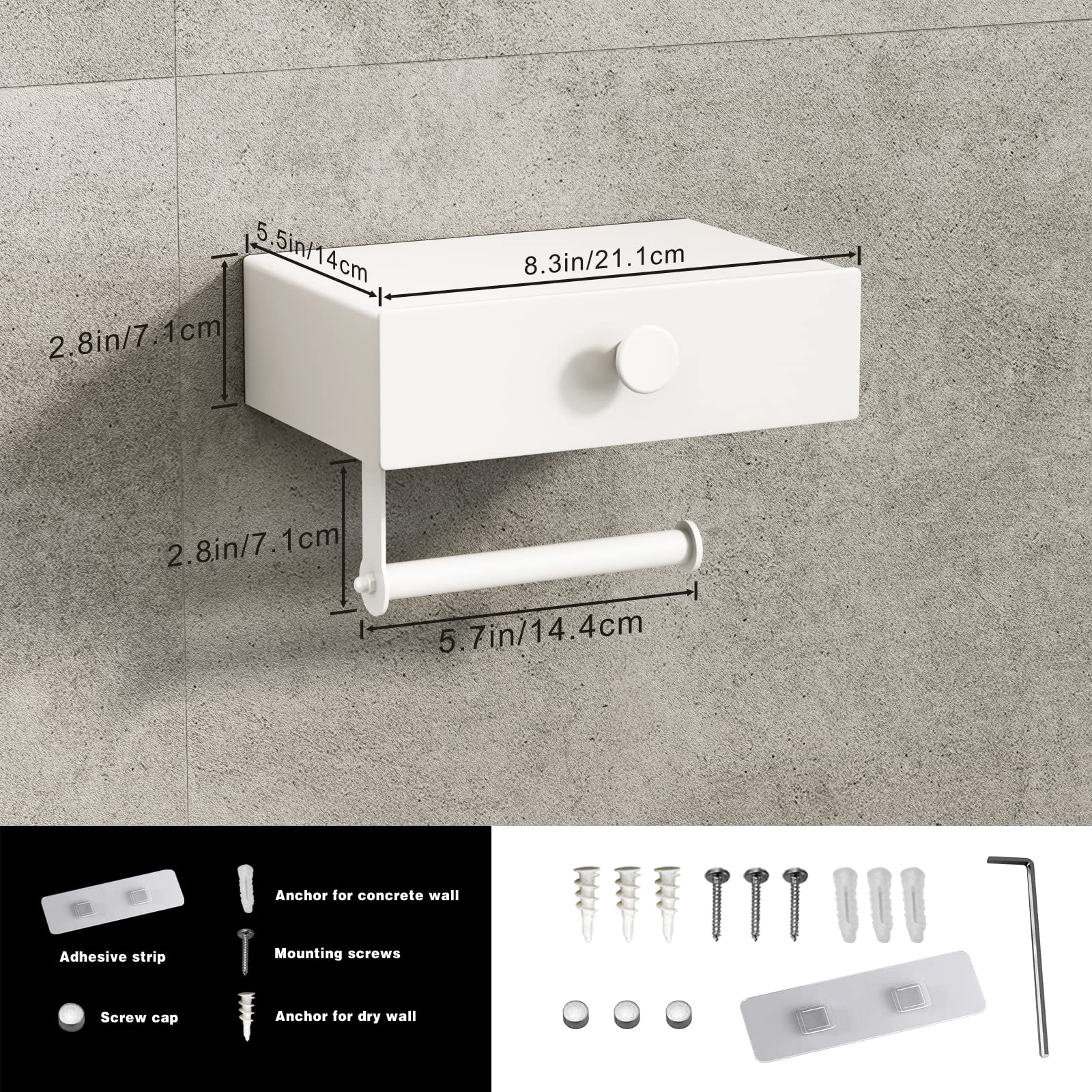 VOLDRA White Wall Mount Toilet Paper Holder with Shelf & Wipes Dispenser - Space Saving Bathroom Storage Organizer with Adhesive Mount & Upgrade Drawer Design - Perfect for Small Bathrooms, Powder Rooms & RVs