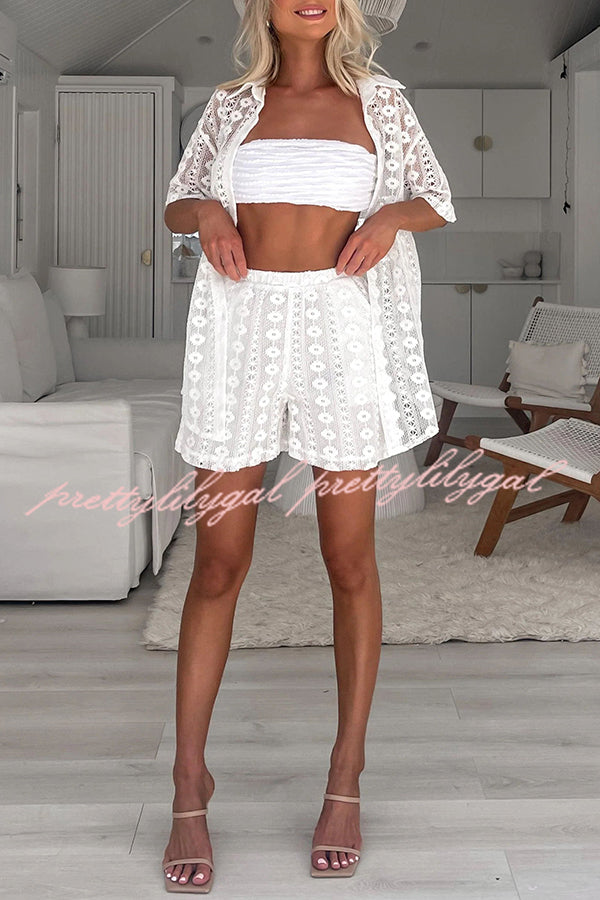 Floral Lace Short Sleeve Loose Blouse - Women's Summer Boho Top for Beach, Vacation & Casual Outings