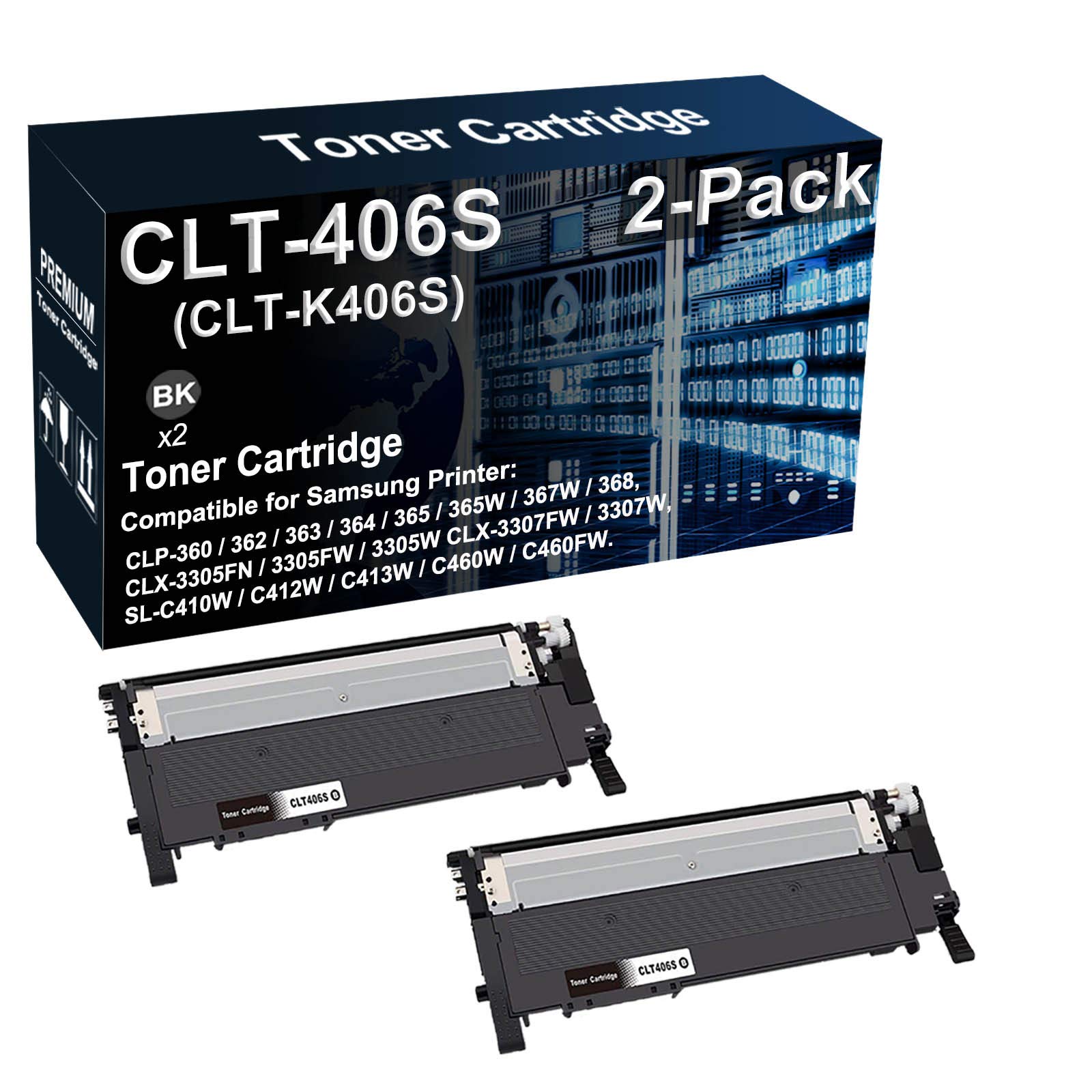 2-Pack Black High Yield CLT-406S CLT-K406S Toner Cartridge Replacement for Samsung CLP-360 CLP-362 CLX-3305W CLX-3307FW SL-C460FW Printers - Perfect for Office & Home Printing Needs