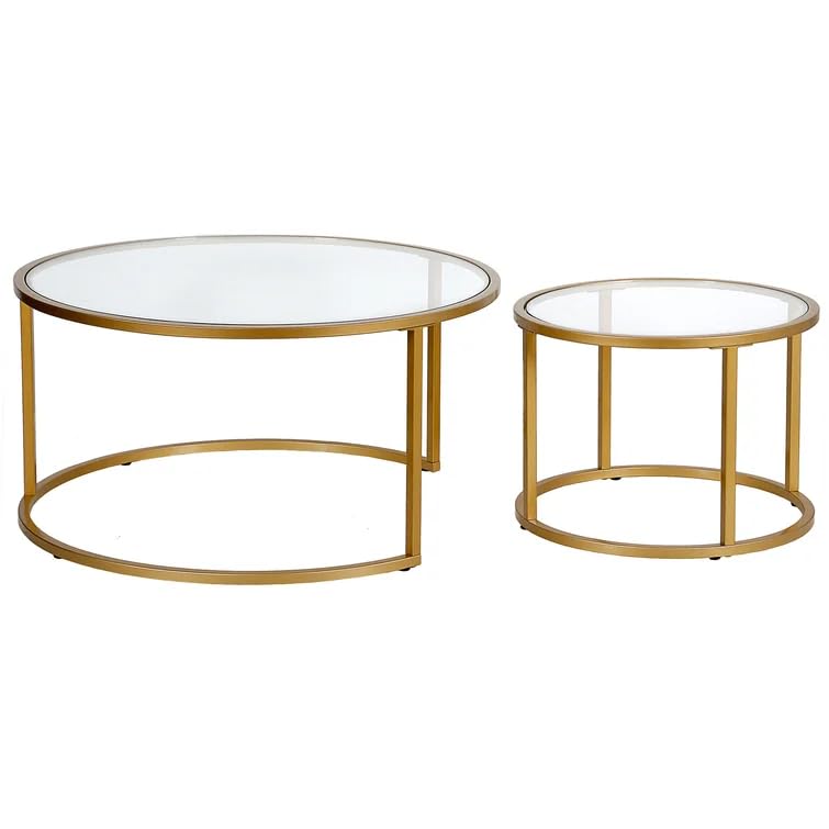 Modern Round Nesting Coffee Table Set of 2 - Gold Metal Frame & Tempered Glass Side Tables for Living Room, Dining Room - 31.5