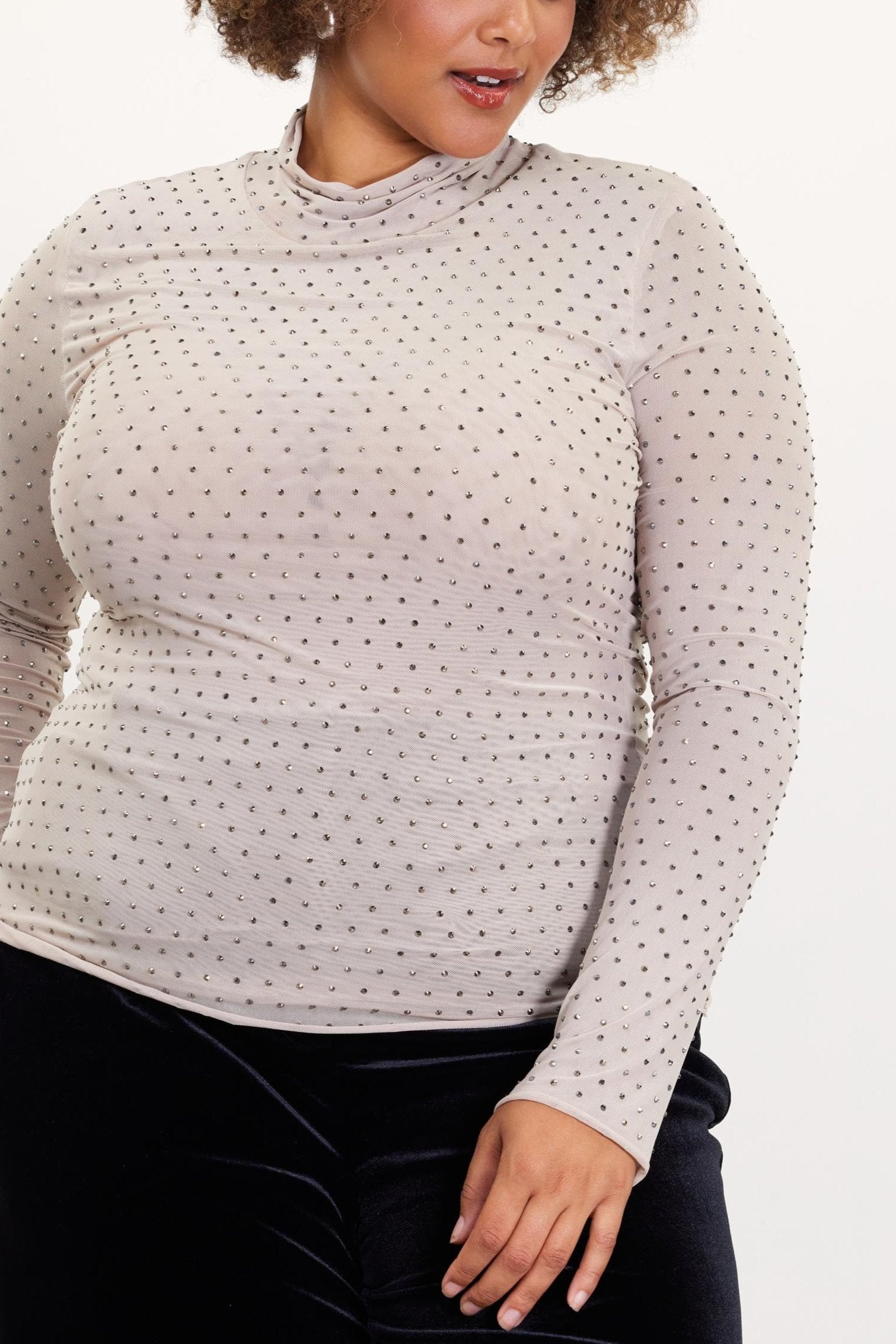 Finding My Sparkle Mesh Top - Beige Extended Sizes | Trendy Women's Fashion for Parties & Night Out