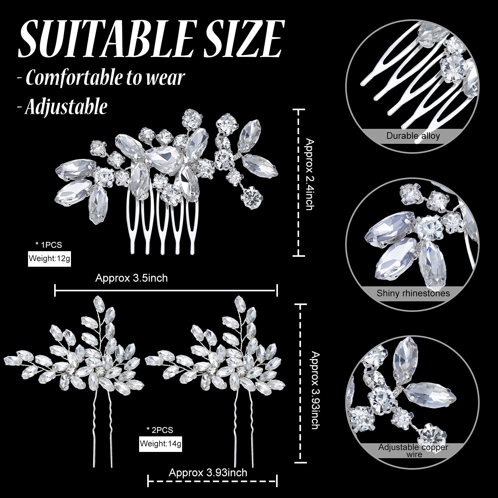 3 Pieces Rhinestone Silver Bridal Hair Combs - Crystal Wedding Hair Side Combs for Women and Girls - Perfect for Bridal Parties, Prom, and Formal Events