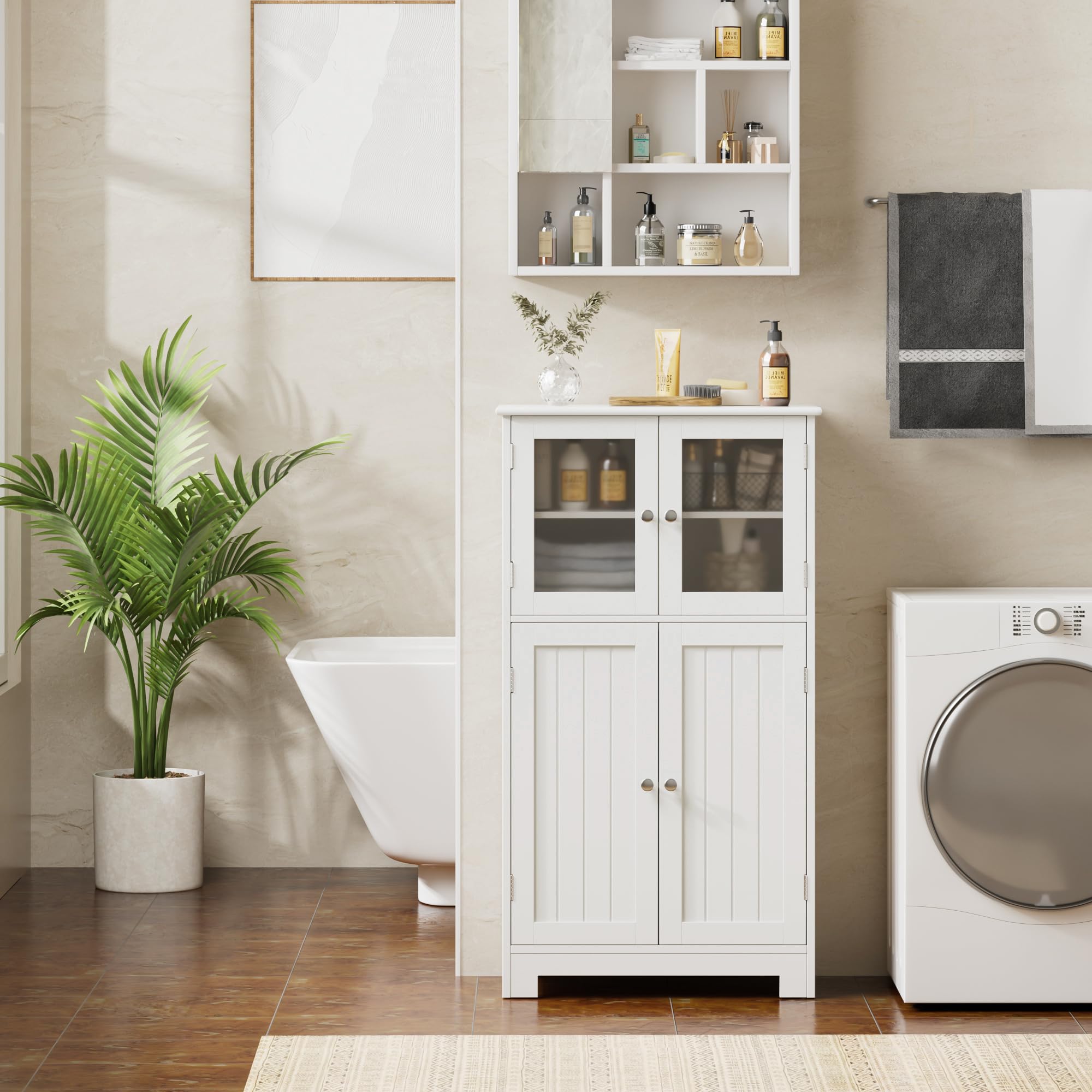 White Freestanding Bathroom Storage Cabinet with Adjustable Shelves & Glass Doors - Modern Floor Cabinet for Bathroom, Living Room & Home Office Organization