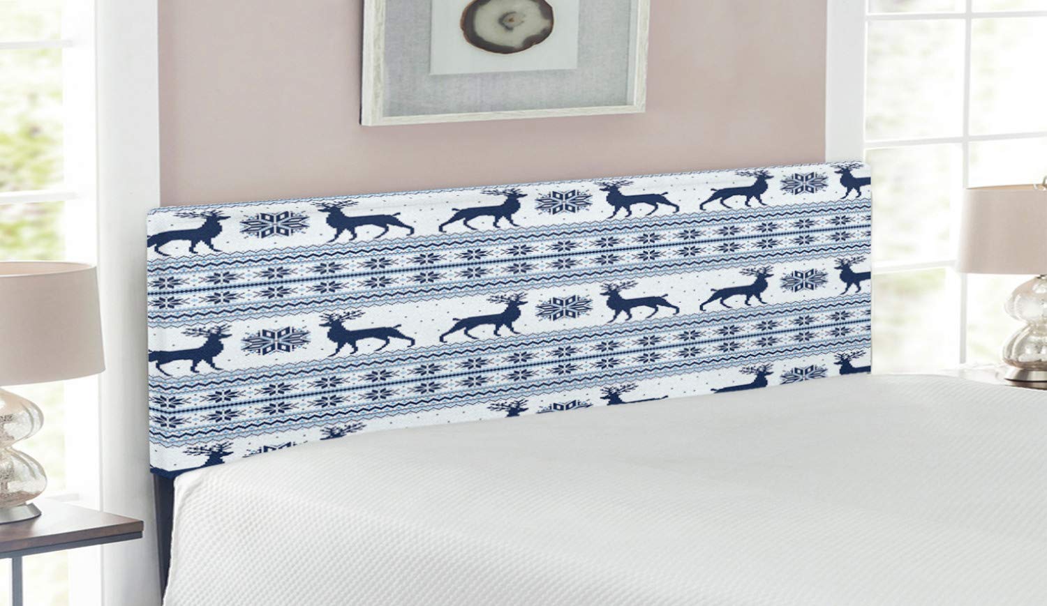 Ambesonne Nordic Queen Size Upholstered Headboard - Pixel Art Christmas Design with Reindeer & Snowflakes, Decorative Metal Bed Frame with Memory Foam in Pale Blue & Dark Blue | Perfect for Holiday Bedroom Decor & Cozy Winter Nights