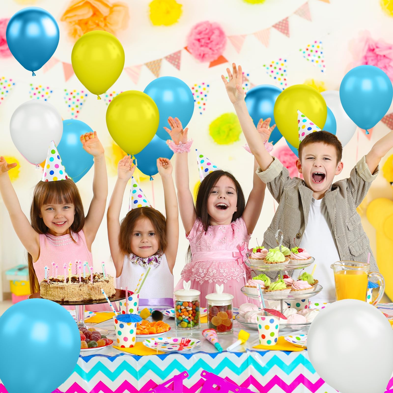 60 Pcs 12 Inch Metallic Blue & Yellow Sponge Balloons - Cartoon Themed Party Decorations for Birthday, Baby Shower, Engagement | Kids Party Supplies, Indoor & Outdoor Decor