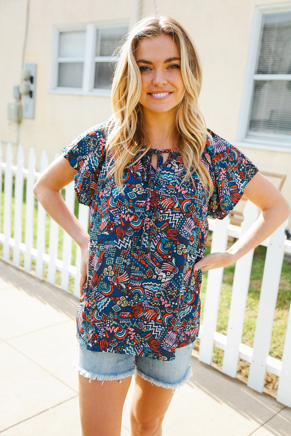 Boho Print Tie Neck Raglan Top - Navy Blue Women's Casual Blouse for Summer Outfits & Beach Vacations