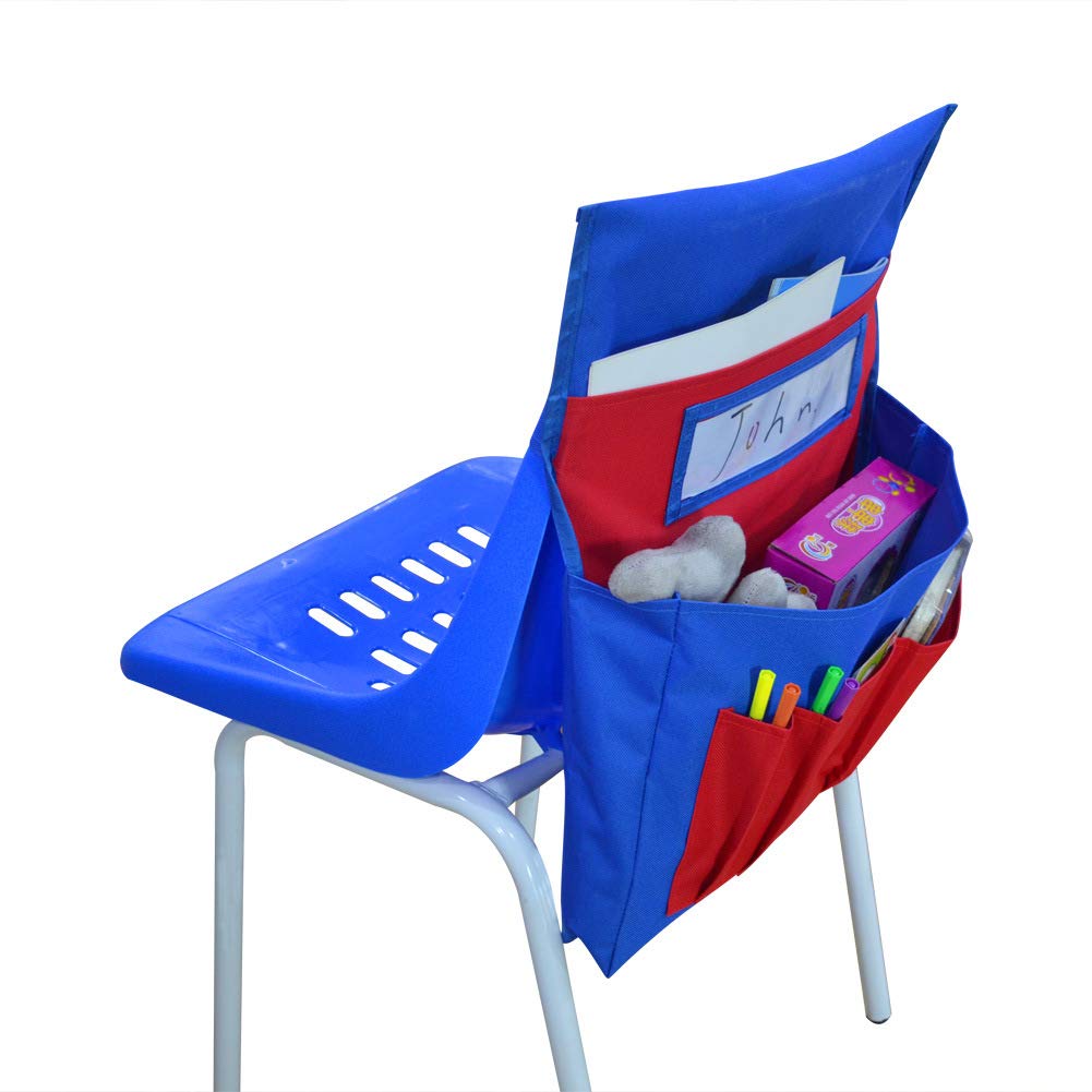 Kids Seat Sack Organizer - Blue & Red Chairback Storage Pockets for School Supplies, Classroom Chairs, and Home Study Use | Perfect for Books, Stationery, and Art Materials