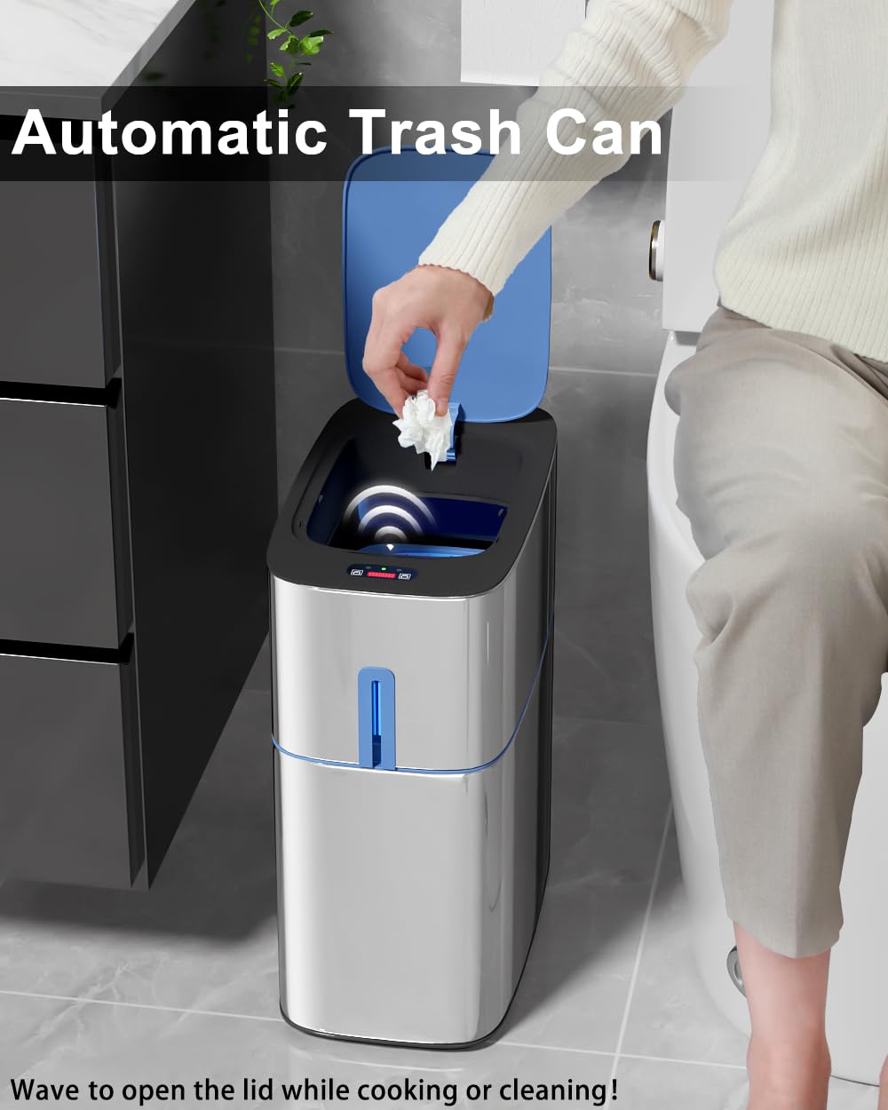 CTIME Slim Automatic Touchless Bathroom Trash Can - 3 Gallon Stainless Steel Garbage Bin with Lid, Motion Sensor Technology for Kitchen, Bathroom, Bedroom, Laundry, Office & RV (Big-Lid) - Perfect for Hygienic Waste Disposal in Small Spaces