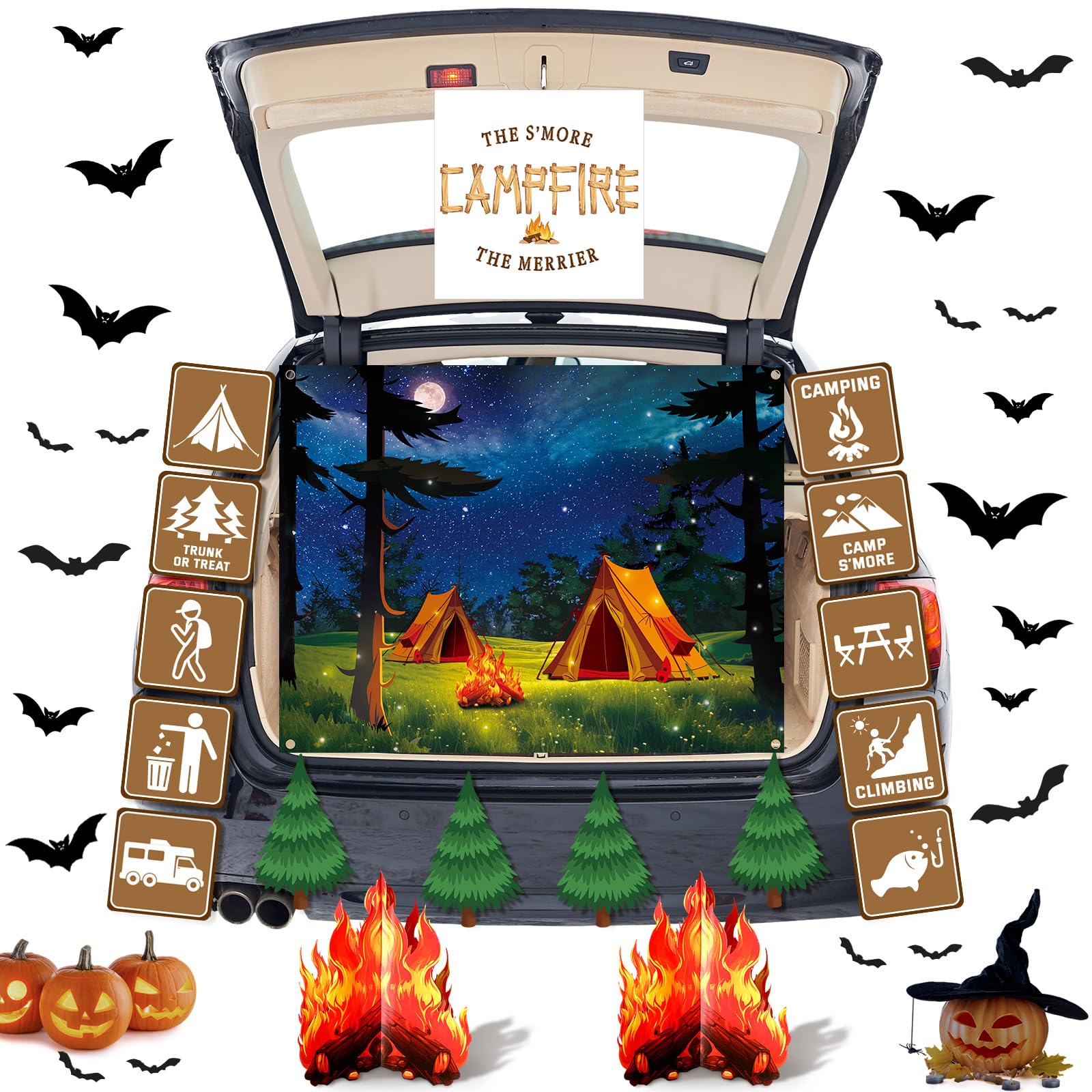 Frienda 18-Piece Halloween Trunk or Treat Car Decorations Kit - SUV & Camping Backdrop Cutouts, Cardboard Campfire Centerpiece - Perfect for Garage Door, Entryway, Halloween Party & Outdoor Camping Decorations