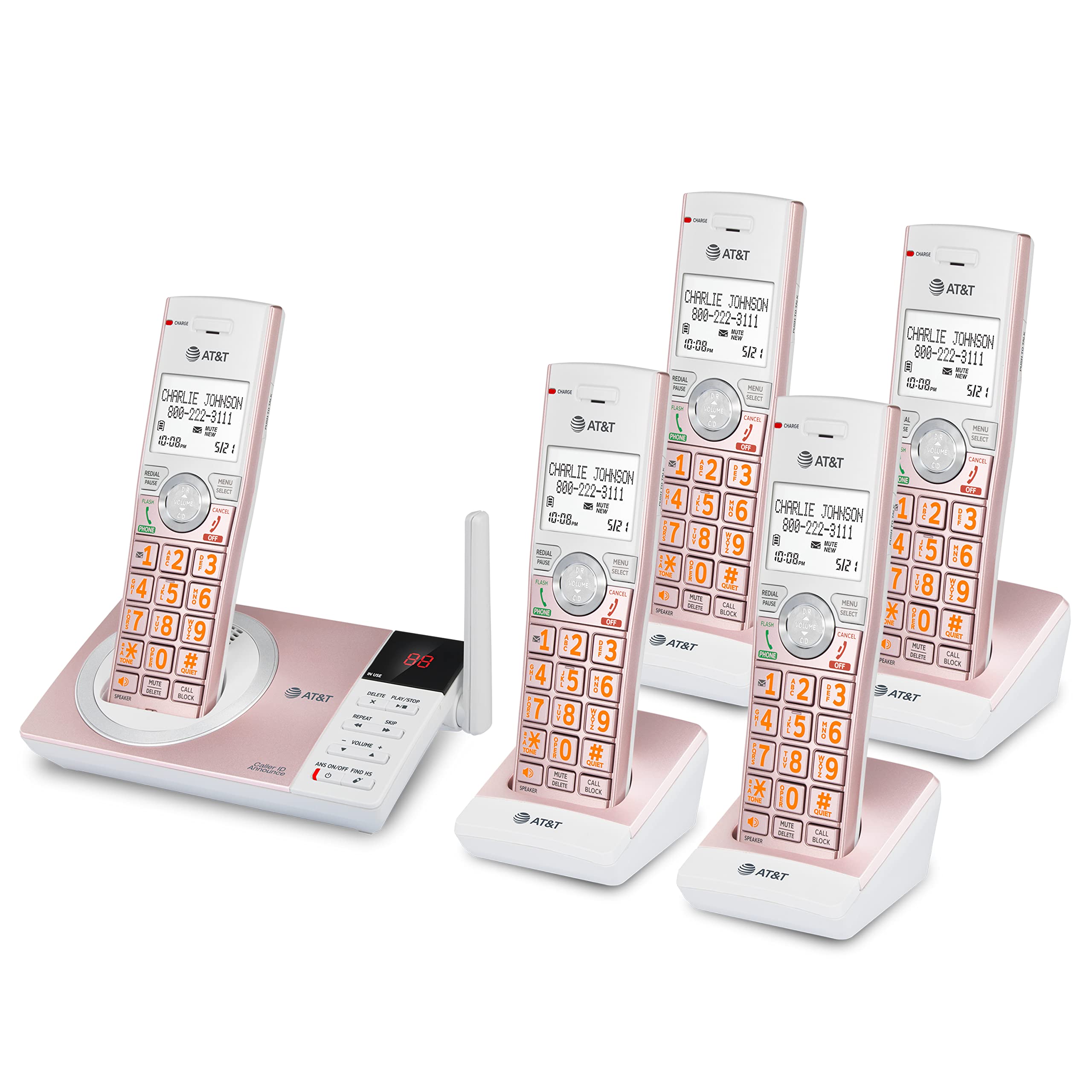 AT&T CL82557 DECT 6.0 Cordless Phone with 5 Handsets - Home Office Telephone with Answering Machine, Call Blocking, Caller ID, Intercom & Long Range - Rose Gold for Home, Office & Business Use