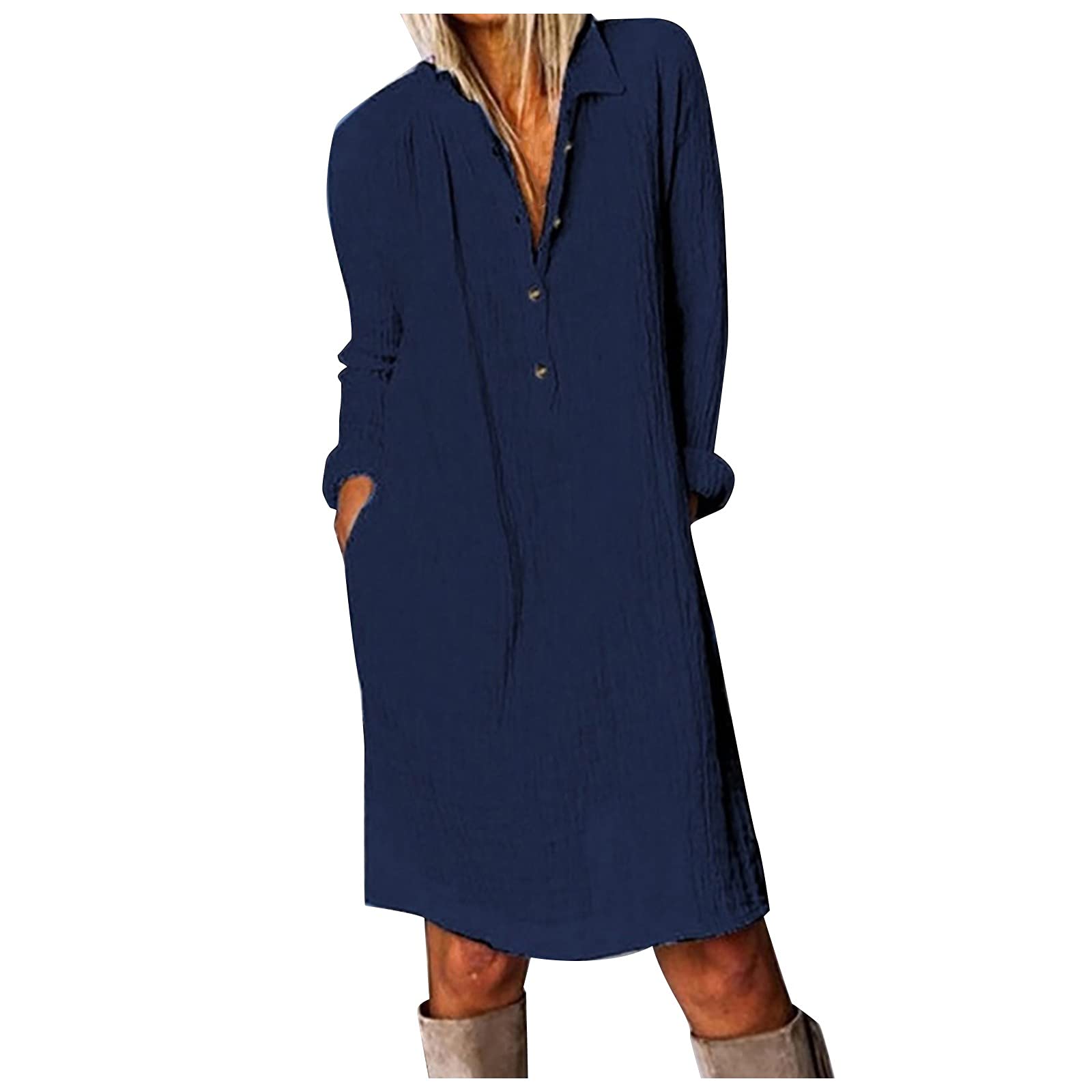 Women's Knee-Length Button-Up Shirt Dress with Long Sleeves, V-Neck & Lapel Collar | Cotton Linen Blend Midi Dress with Pockets | Perfect for Office, Date Night & Casual Outings