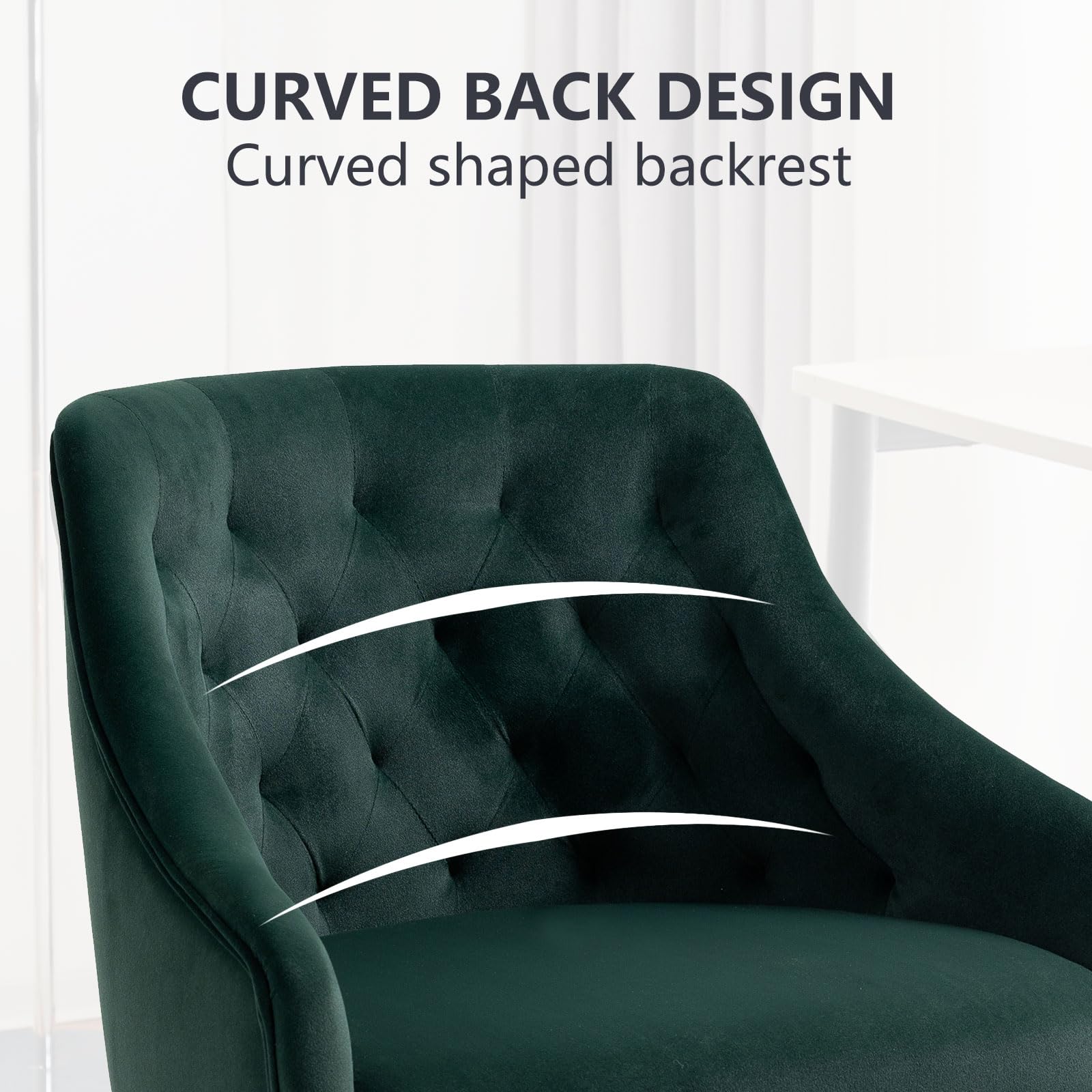 MOJAY Velvet Office Swivel Chair - Luxurious Vanity Fabric Desk Chair with 360° Swivel & Height Adjustable, Elegant Gold Base for Women - Perfect for Home Office, Reception Area & Makeup Vanity (Dark Green)