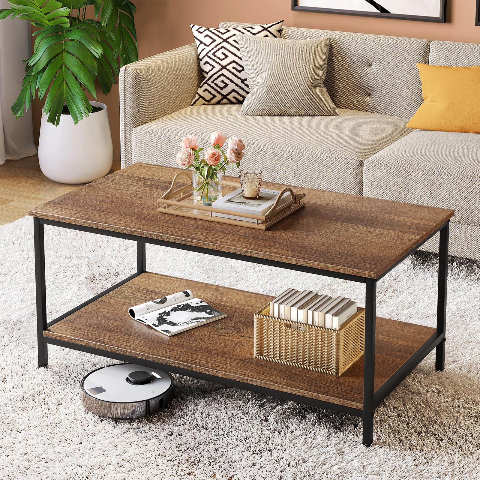 SAYGOER 2-Tier Industrial Coffee Table with Storage - Rectangle Wood Center Table for Living Room, Small Spaces, Apartment & Home Office - Walnut Finish | Perfect for Entertaining Guests, Holding Remotes & Magazines, and Adding Rustic Charm to Your Space