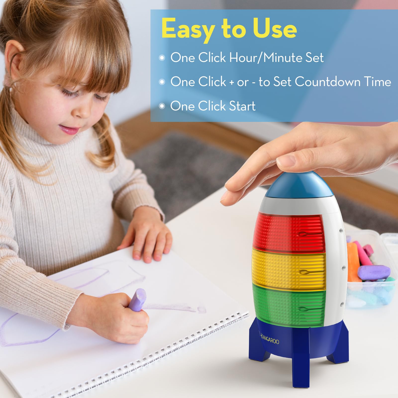 Blast Off Visual Timer for Kids - 0-24 Hour Countdown Clock with Audio Rocket, Memory Function & Color Lights (Red/Yellow/Green) | Battery Operated, Easy Setup | Perfect for Classroom, Homeschooling & Time Management Activities