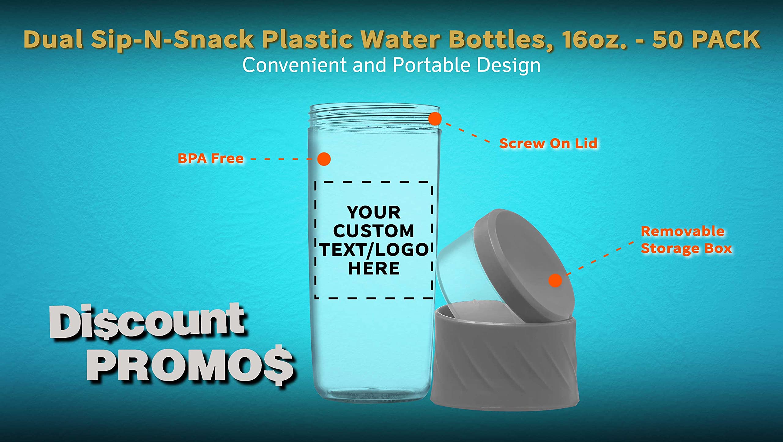 50 Pack 16 oz BPA-Free Dual Sip-N-Snack Plastic Water Bottles with Screw-On Lid - Custom Text & Logo Printing - Perfect for Sports, Schools, and Corporate Events (Grey)