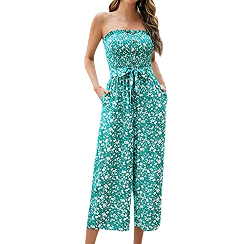 Women's Sexy Off Shoulder High Waist Jumpsuit - Summer Casual Strapless Wide Leg Romper with Belt (Green, Medium) | Perfect for Beach Vacation, Date Night & Summer Parties