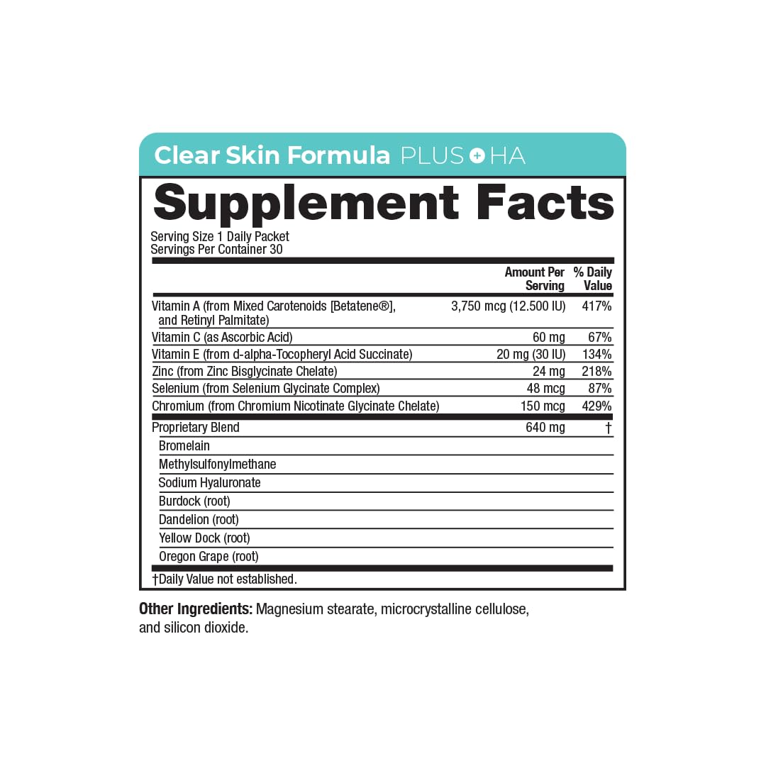 Vitamedica Clear Skin Formula with Hyaluronic Acid - 30-Day Supply of Daily Skin Care Supplement Packets for Acne & Blemish Control - Perfect for Teenagers & Adults with Oily or Problem Skin