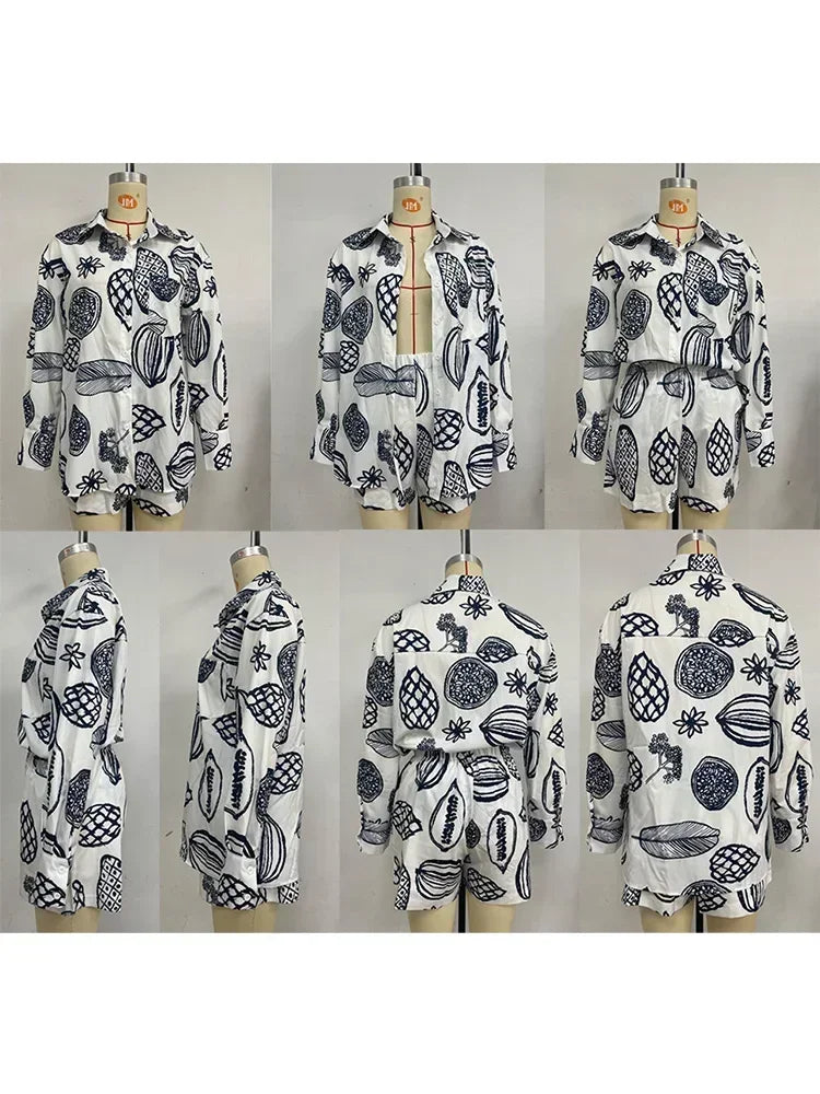 Women's Foridol Fruit Print Pocket Casual Shirt & Shorts Matching Set - Oversized Summer Beach Outfit in White | Perfect for Spring Vacations, Pool Parties & Tropical Getaways