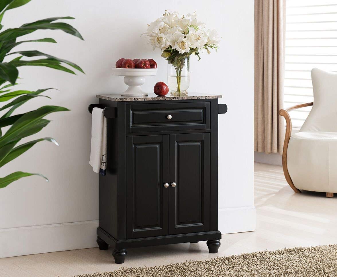 Kings Brand Kitchen Island Storage Cabinet with Marble Top - Black | Modern Kitchen Furniture with Spacious Storage | Perfect for Small Kitchens, Dining Areas & Home Bars