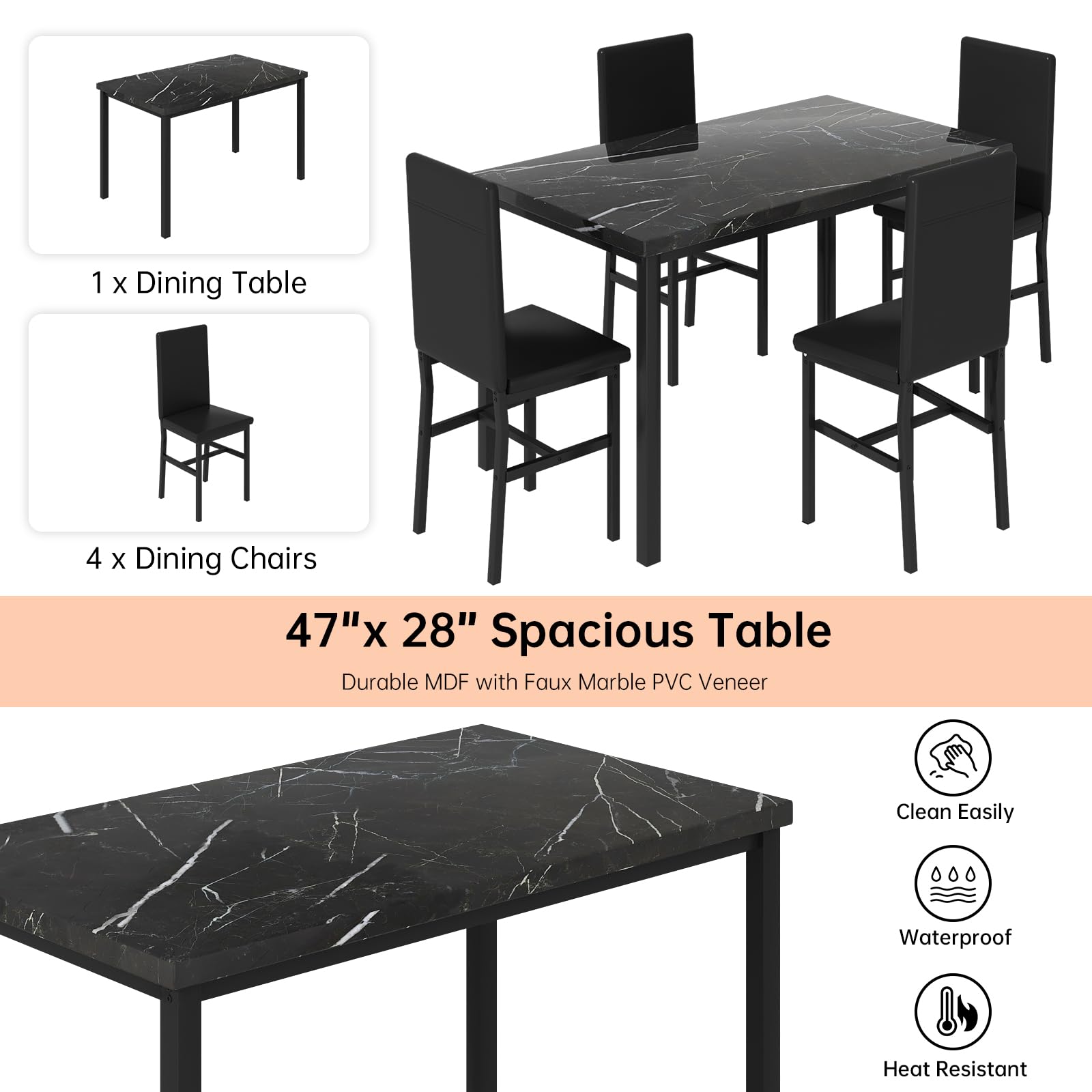 Modern 5-Piece Dining Table Set for 4 - Faux Marble Table & 4 PU Leather Chairs - Space-Saving Kitchen/Dining Room Set for Small Spaces, Apartments, Dinettes - Perfect for Family Meals, Dinner Parties & Compact Living (Black)